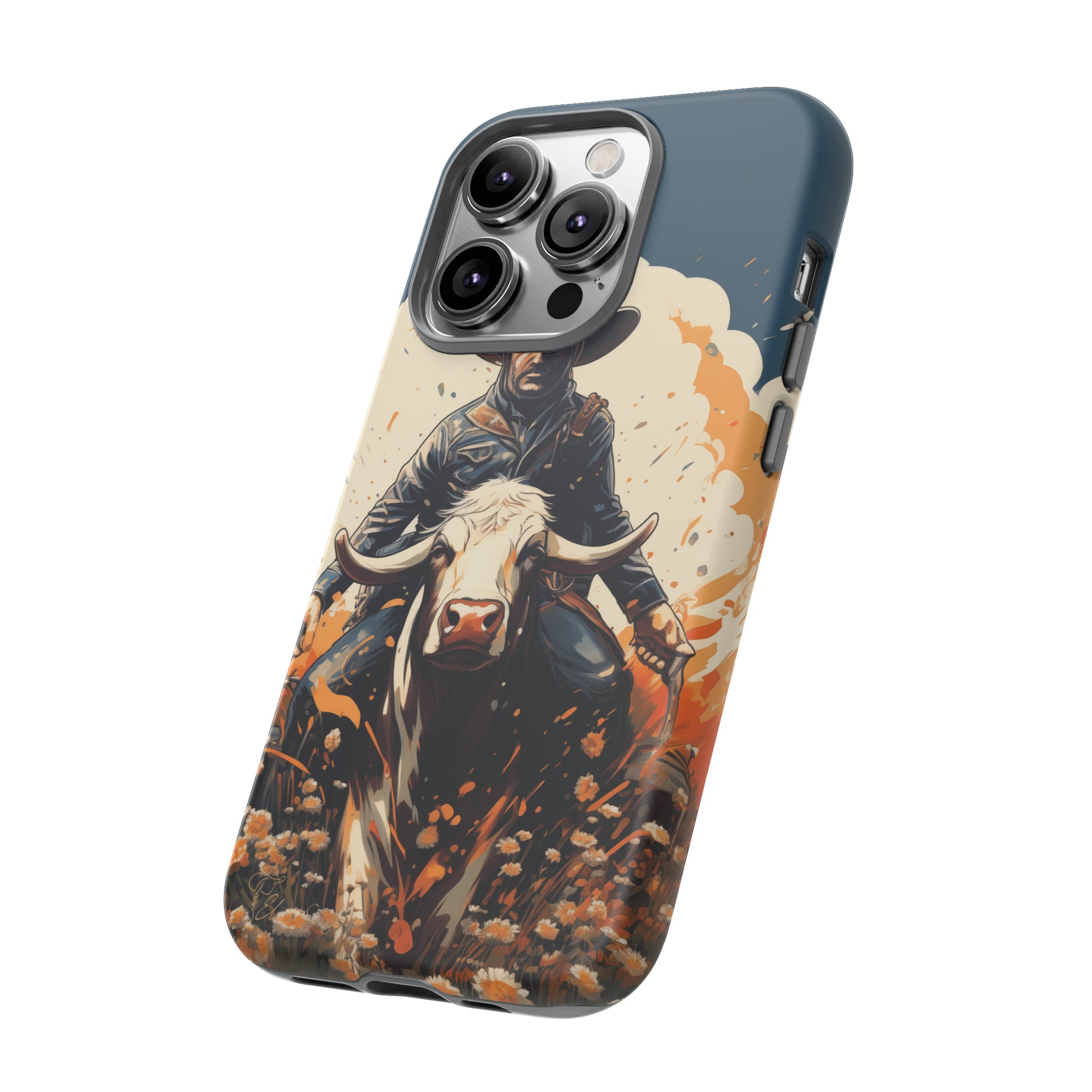 Time-Tested Charm: Immerse yourself in the charm of yesteryear with our Tough Cell Phone Case. Featuring a cowboy on a cow in a field of flowers, this design exudes retro vibes. Experience the perfect blend of vintage style and durable protection. Elevate your phone with a touch of timeless allure. #ElizaSinger #PhoneCase #VintageCharm