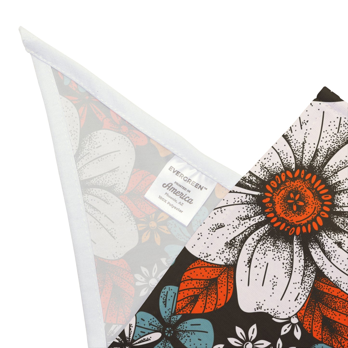 Transform your dog's look with our Illustrated Blooms Dog Bandana/Wild Rag. The illustration-style flowers in white, mustard, turquoise, and red on a black background create a captivating and artistic vibe. Crafted from soft-spun polyester, this wild rag ensures comfort and style. Elevate your pup's fashion game with this exclusive design, available only at Eliza Singer.