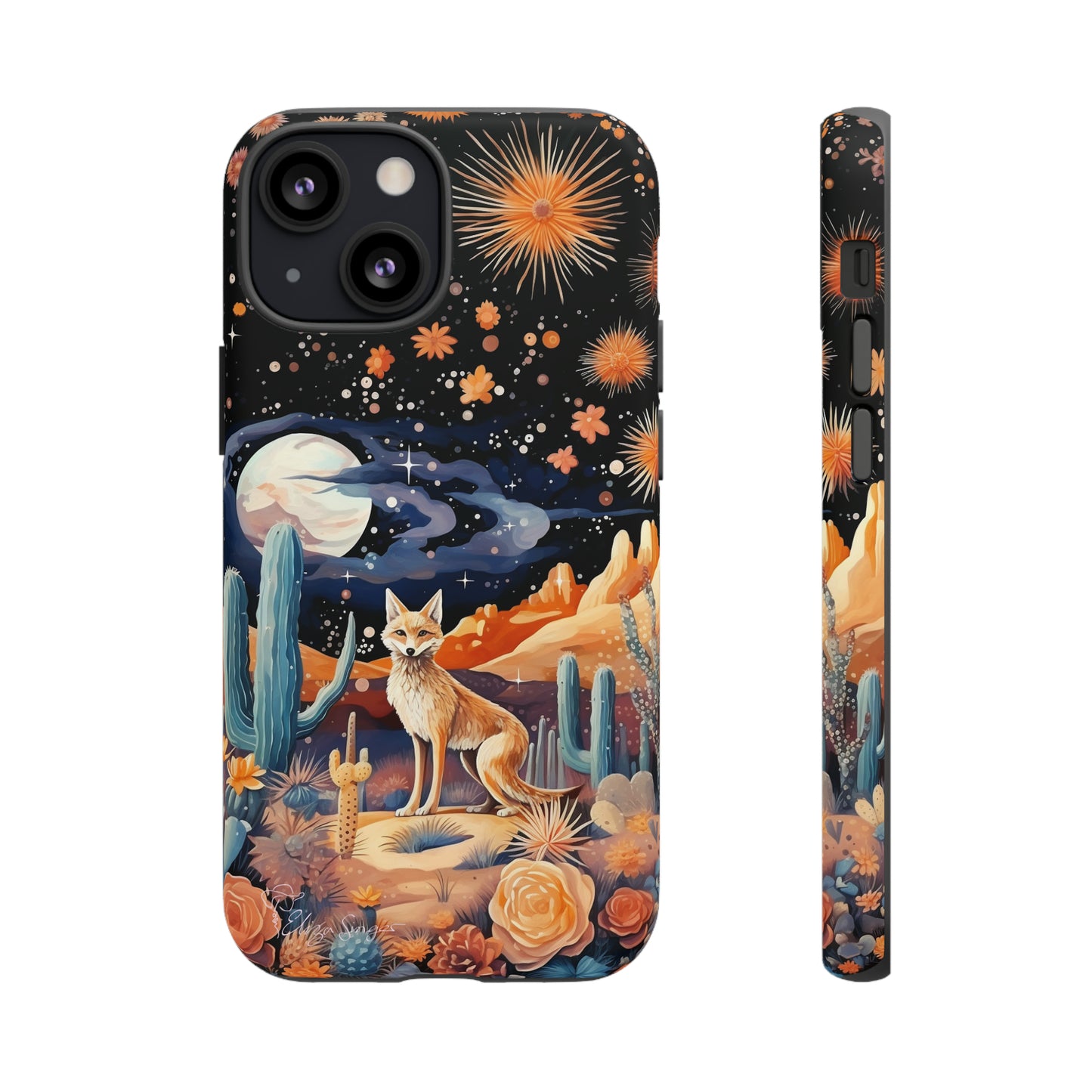 Introducing our Tough Western Cell Phone Case: Midnight Mirage Jackal Edition! Dive into the mysterious desert night with a striking depiction of a jackal, cacti, and a starry sky. This design offers the ideal combination of durability and desert charm.