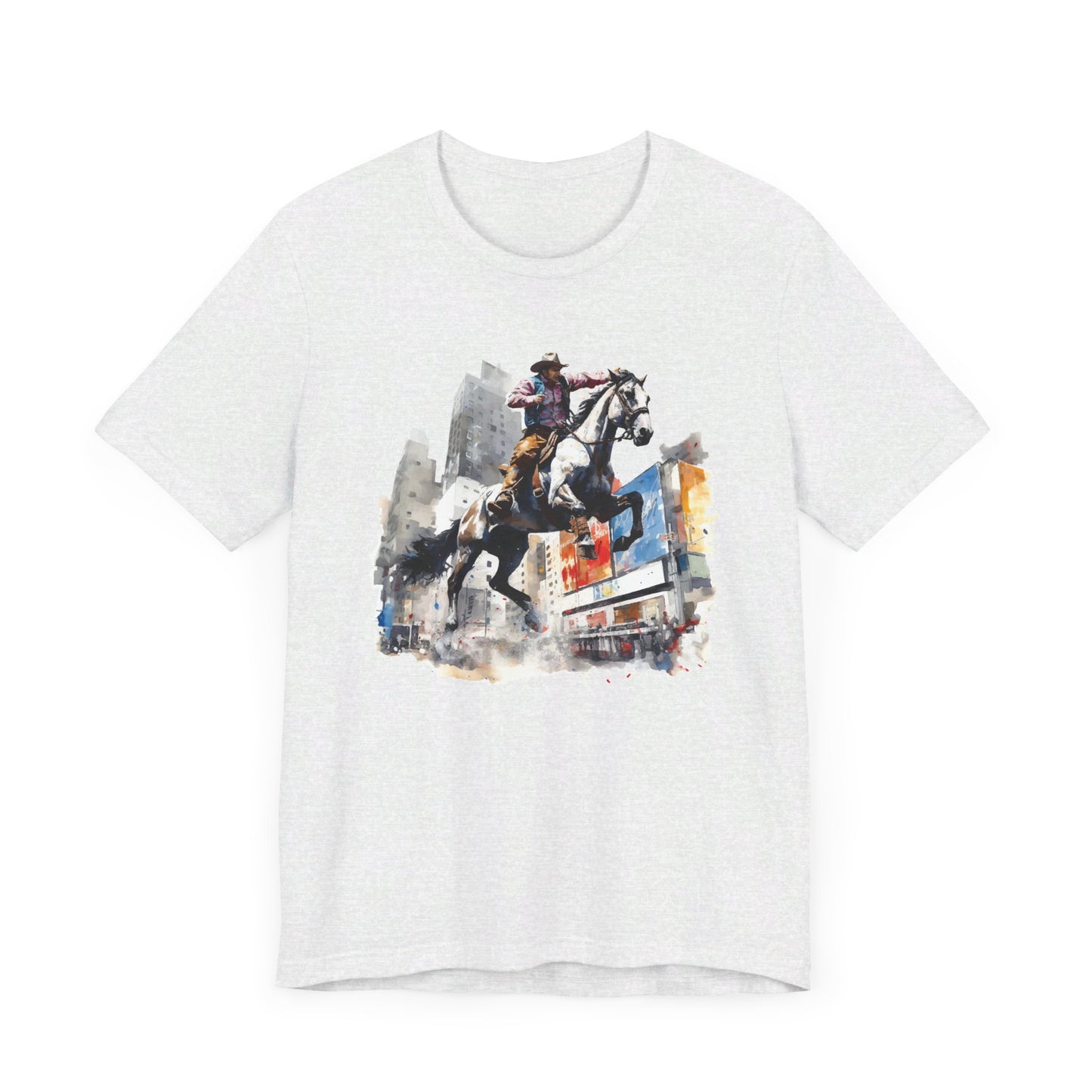 City Rodeo: Bella Canvas T-shirt with Cowboy in Urban Landscape