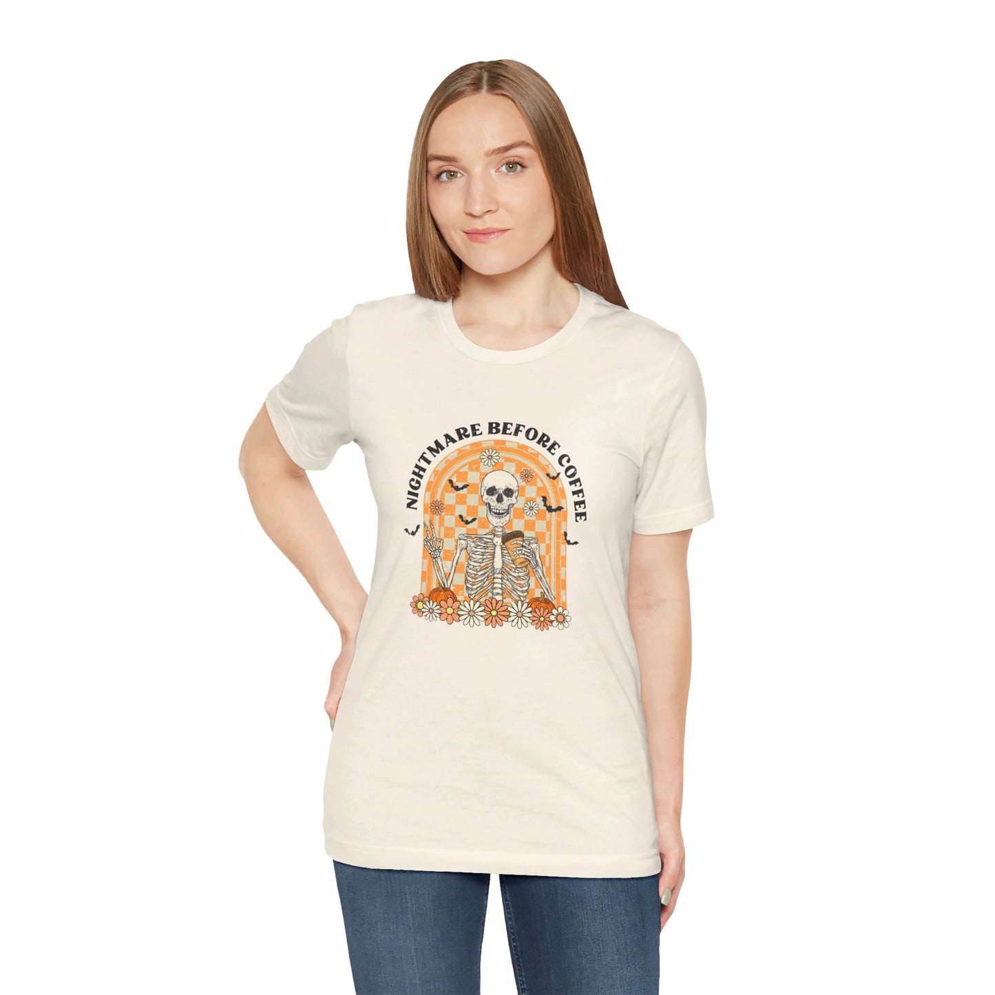 Nightmare Before Coffee: Halloween Bella Canvas T-shirt with Skeleton