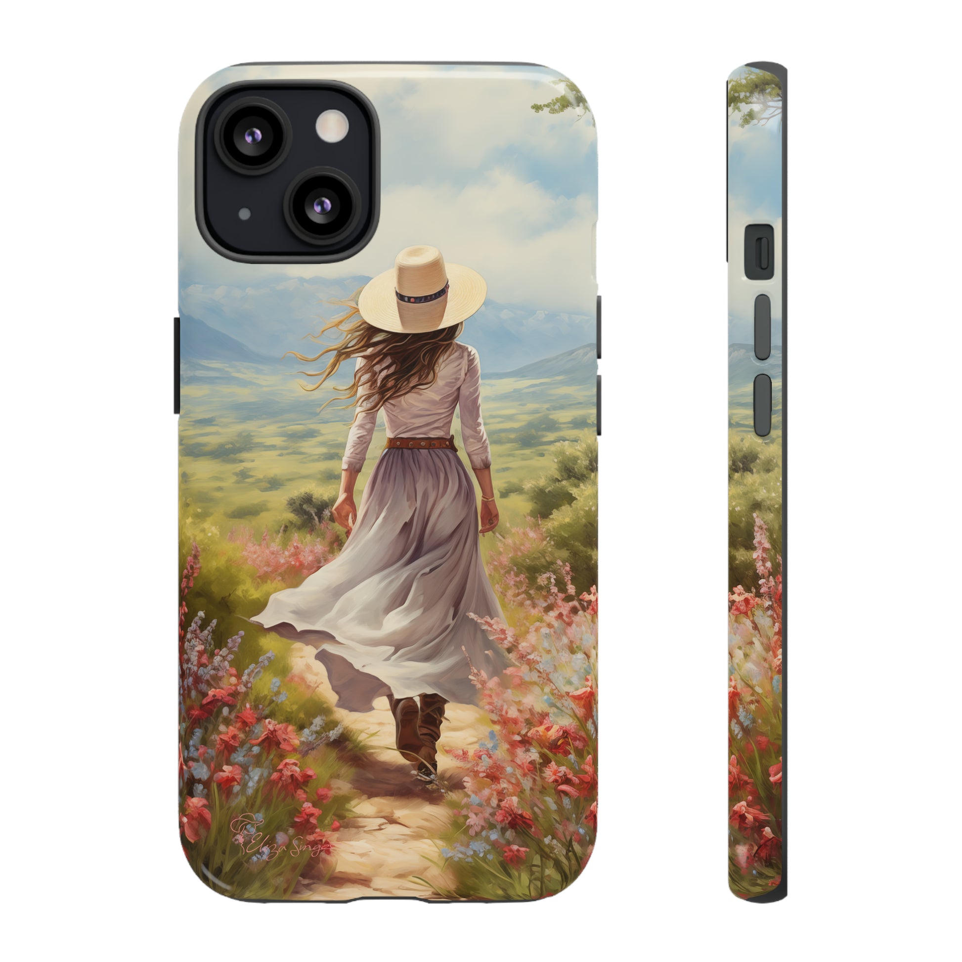 Embrace Whimsical Protection: Tough Western Cell Phone Case by Eliza Singer. Step into a World of Enchantment with a Stylish Woman Amidst Nature's Beauty. Safeguard Your Phone with Artistic Charm. #ElizaSinger #PhoneCase #WesternStyle 