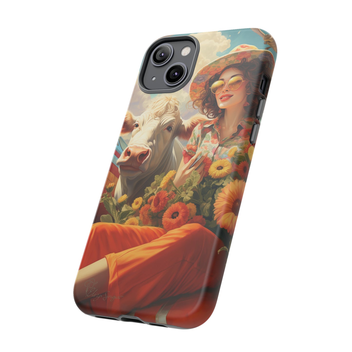 Timeless Retro Charm: Step back in time with our Tough Western Cell Phone Case. Featuring a vintage and bright design, a woman in a hat with daisies is accompanied by a cow looking over her shoulder. Experience the perfect blend of retro aesthetics and durability. Elevate your style with a touch of nostalgia. #ElizaSinger #PhoneCase #RetroStyle 