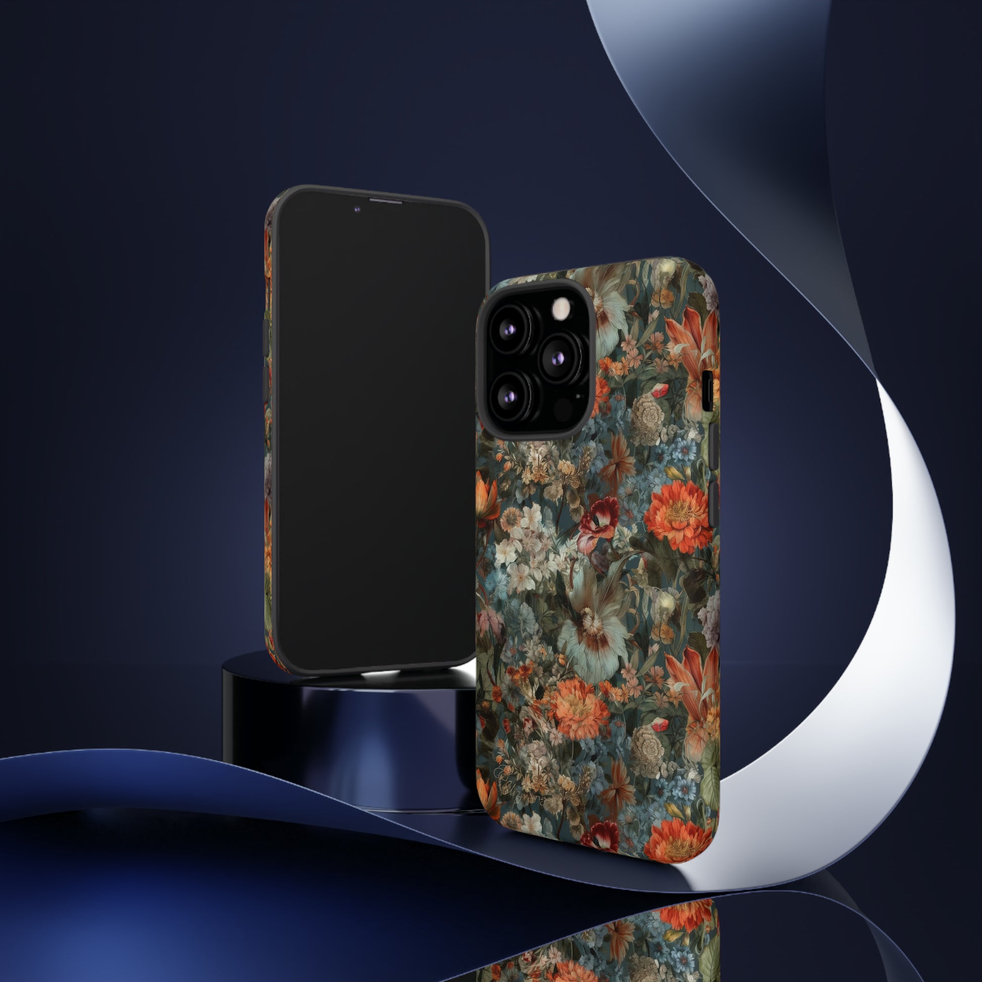 Blooms in Shadows: Botany Floral Dark Flowers iPhone Tough Protective Cover. A captivating blend of Flowers in muted colors, compatible with iPhone 15, 14, 13, XS, XR Pro/Max/Mini/P/Plus. Unleash Nature's Elegance with Durability and Style. #ElizaSinger #PhoneCase #FloralDesign