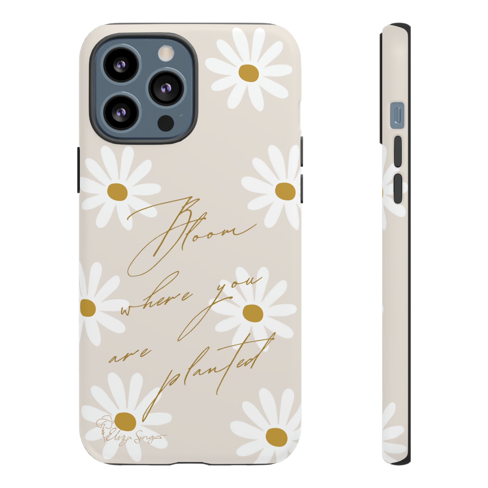 Sunny Boho Blooms: Boho Flower Daisy iPhone Tough Protective Case. A lively fusion of Flowers, Boho, and floral daisies design. Compatible with iPhone 15, 14, 13, XS, XR Pro/Max/Mini/P/Plus. Elevate Your Device with Bohemian Charm and Durability. #ElizaSinger #PhoneCase #FloralDesign