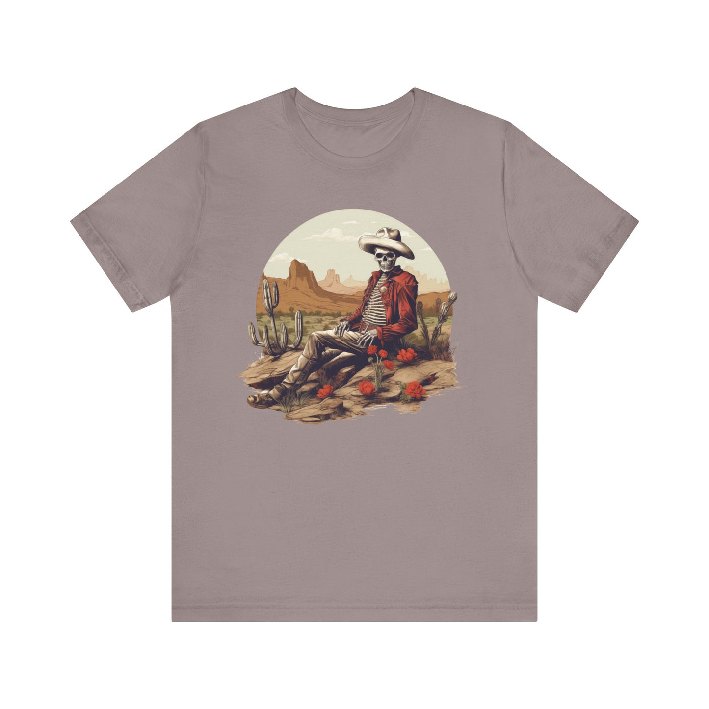 Skeleton Cowboy in Desert: Red Blazer Bella Canvas T-shirt