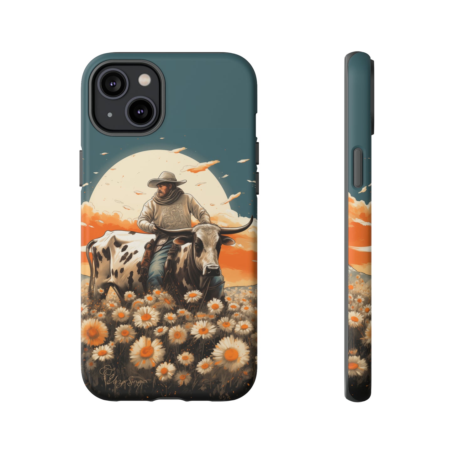 Harmony of Contrasts: Dive into our Tough Cell Phone Case, a visual symphony featuring a bullrider on a black and white dairy cow amidst a vibrant field of flowers. This edition effortlessly merges toughness with artistic flair, offering a unique and captivating contrast. Elevate your phone with rugged elegance. #ElizaSinger #PhoneCase #ContrastHarmony