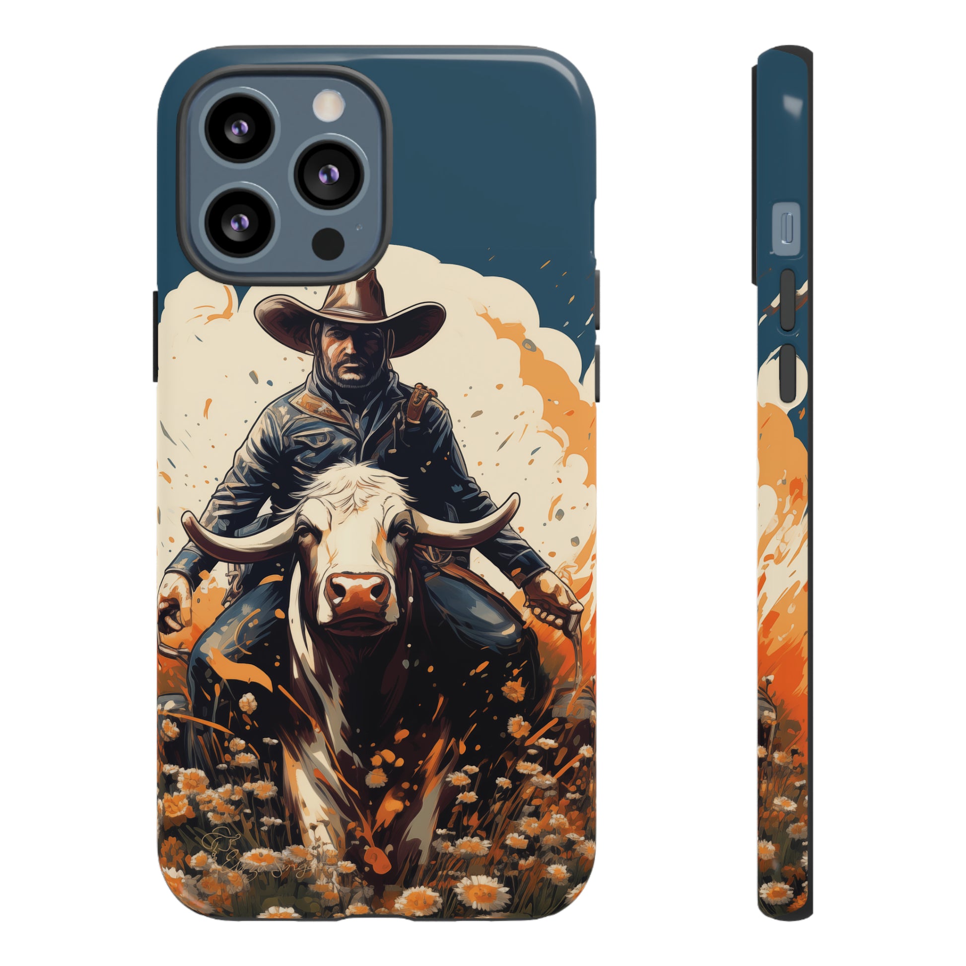 Time-Tested Charm: Immerse yourself in the charm of yesteryear with our Tough Cell Phone Case. Featuring a cowboy on a cow in a field of flowers, this design exudes retro vibes. Experience the perfect blend of vintage style and durable protection. Elevate your phone with a touch of timeless allure. #ElizaSinger #PhoneCase #VintageCharm