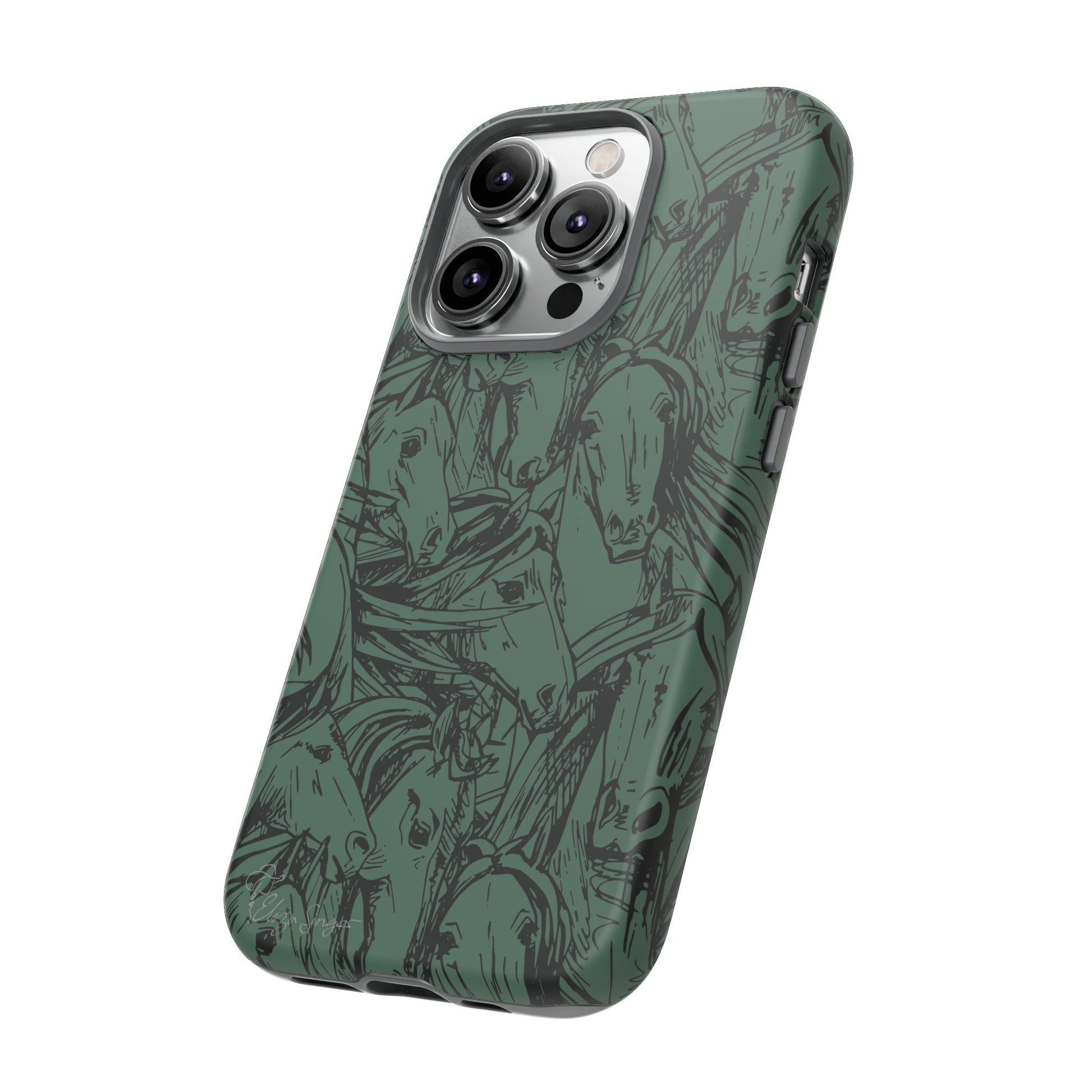 Gallop in Style: Horse Art Western Design iPhone Tough Protective Cover. Featuring a Scribble Horse Drawing, this makes the perfect equestrian gift. Compatible with iPhone 15, 14, 13, XS, XR Pro/Max/Mini/P/Plus. Unleash the Rider in You with Style and Durability. #ElizaSinger #PhoneCase #EquestrianGift