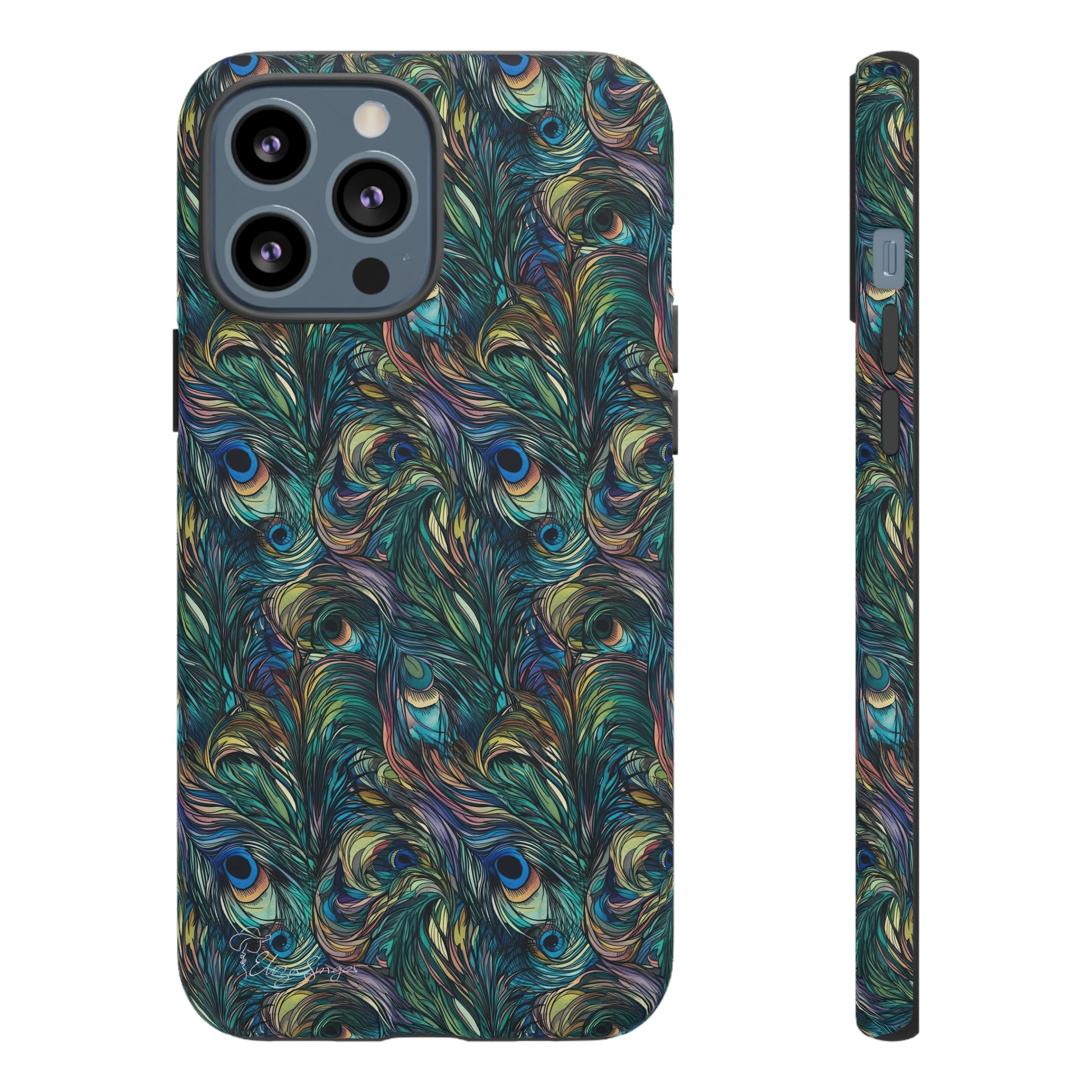 Feathered Elegance: Boho Feather Peacock Vibrant Art iPhone Tough Protective Cover. Adorned with Turquoise Feathers, compatible with iPhone 15, 14, 13, XS, XR Pro/Max/Mini/P/Plus. Embrace Bohemian Vibes with Style and Durability. #ElizaSinger #PhoneCase #BohoFeathers