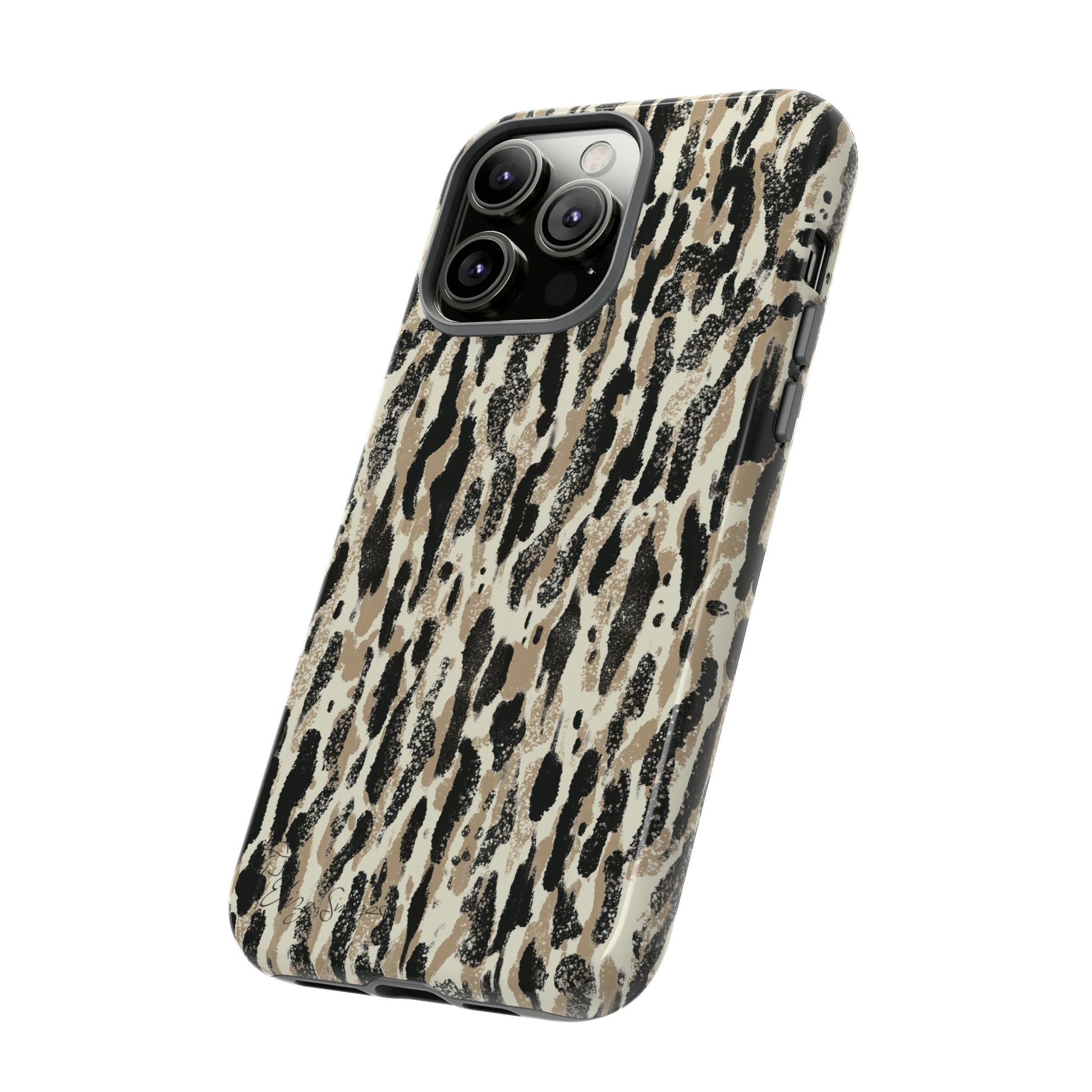 Elevate Your Tech: Abstract Neutral Animal Print iPhone Tough Protective Cover. Leopard-Painted Design in Beige and Black. Compatible with iPhone 15, 14, 13, XS, XR Pro/Max/Mini/P/Plus. Unleash the Wild with Style and Durability. #ElizaSinger #PhoneCase #LeopardPrint 