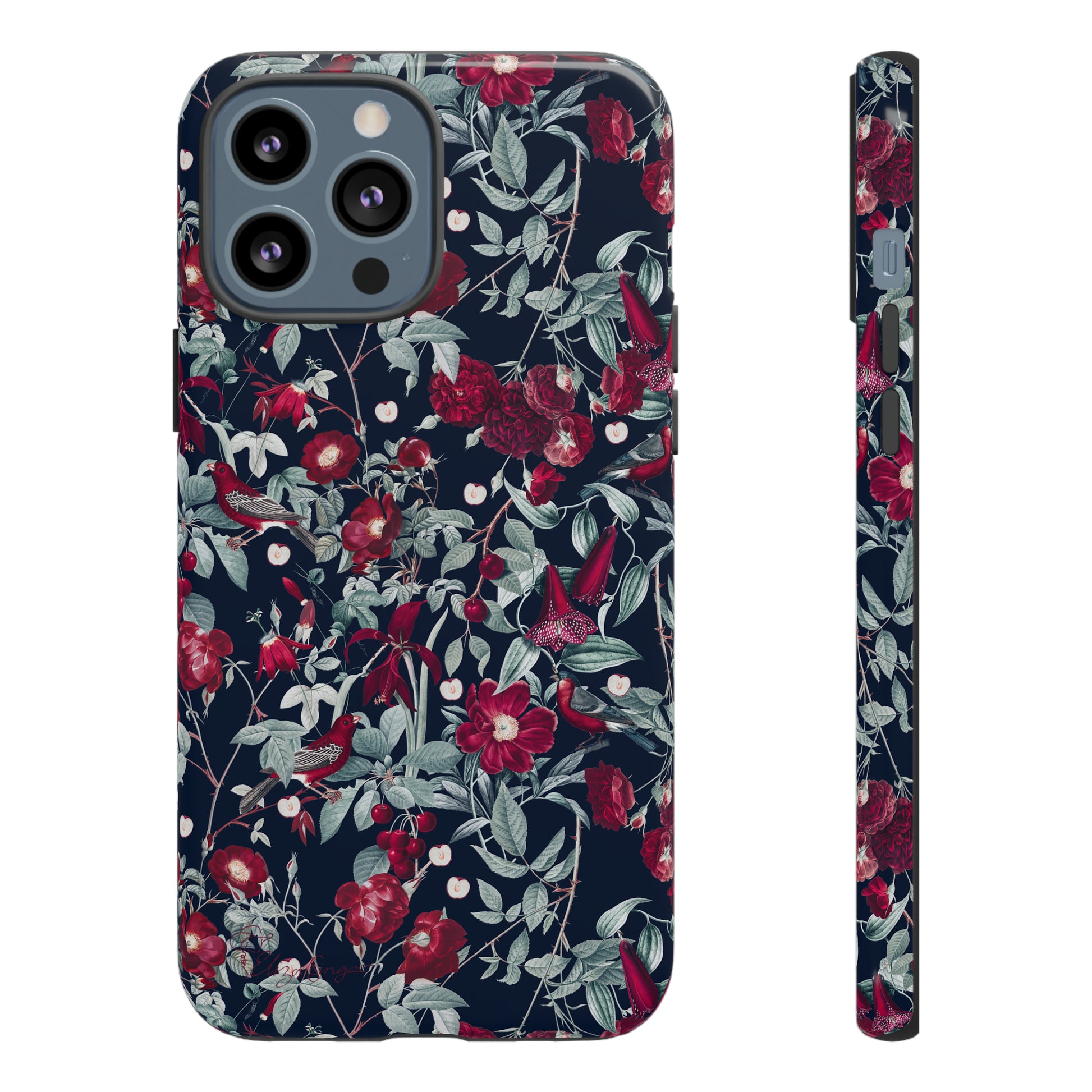 Blossom Serenade: Cherry Blossom Serenade Burgundy Navy Dark iPhone Tough Protective Cover. A captivating blend of Flowers in burgundy and navy hues, featuring a muted design. Compatible with iPhone 15, 14, 13, XS, XR Pro/Max/Mini/P/Plus. Elevate your device with this enchanting and stylish protective cover. #ElizaSinger #PhoneCase #FloralDesign