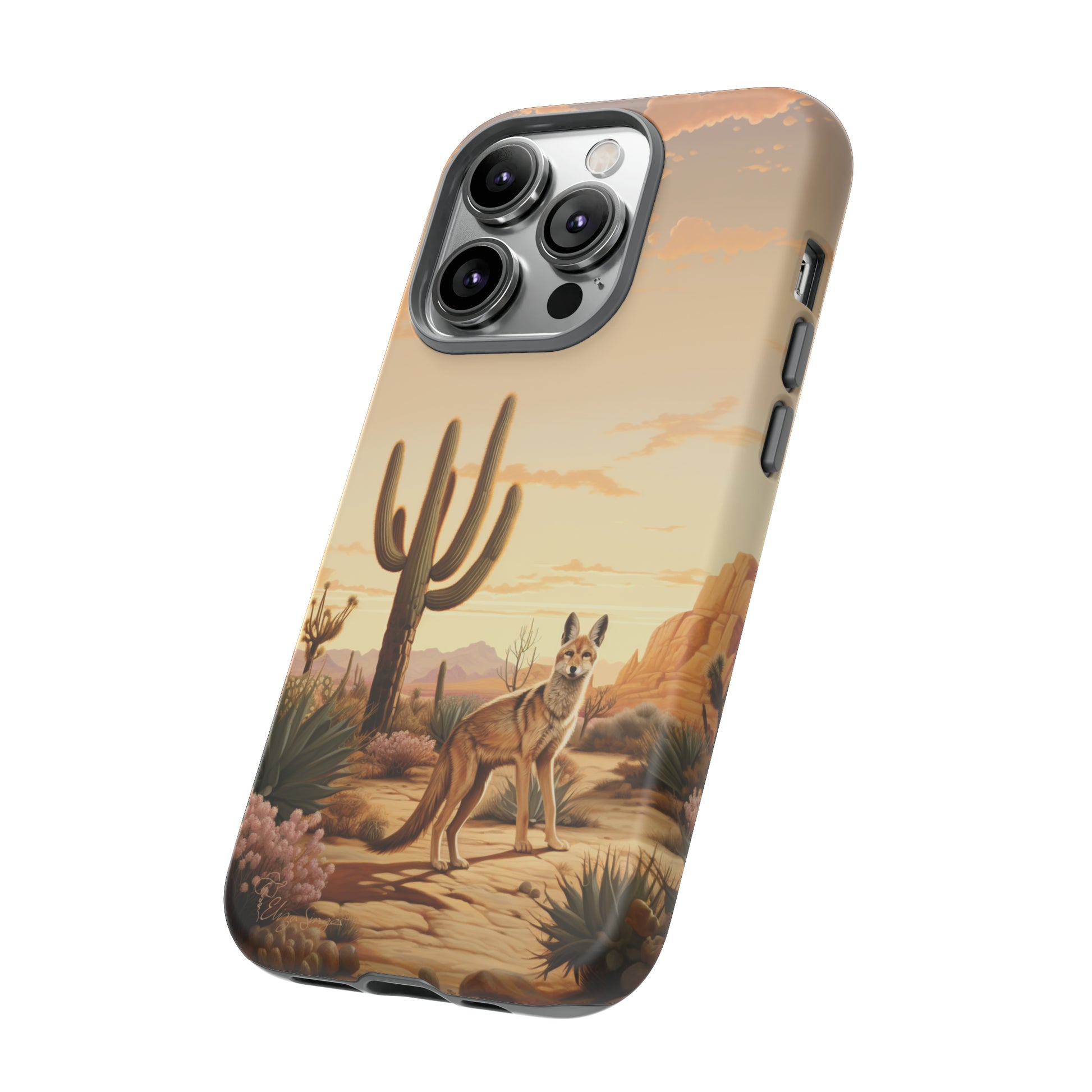 Unveiling our Western Tough Cell Phone Case: Dusk Jackal Oasis Edition! Witness the beauty of dusk with a jackal in a desert landscape next to a cactus. This design offers both rugged protection and a touch of twilight elegance.