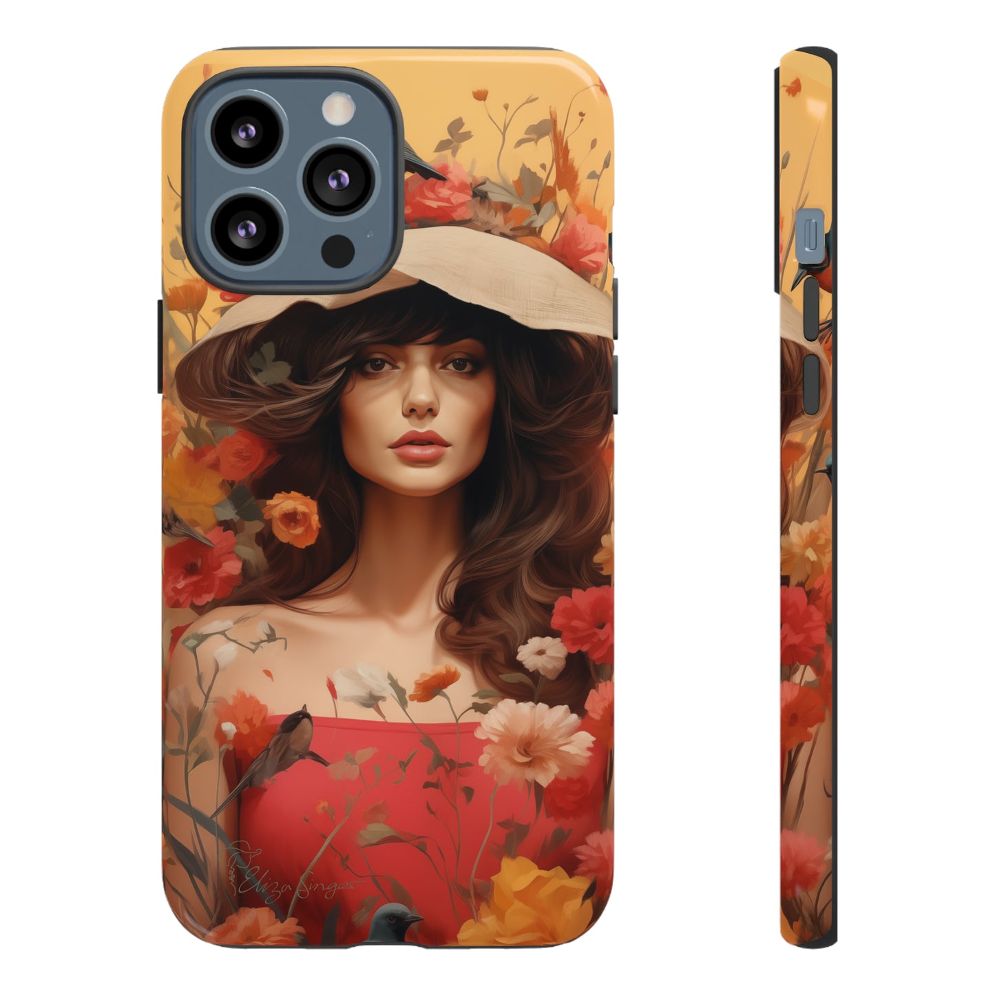 Bask in Sunshine: Embrace the warmth with our Tough Cell Phone Case. A yellow backdrop and a woman in a hat surrounded by flowers create a radiant design. Experience the perfect blend of style and protection, bringing sunshine into your everyday. Elevate your phone with a burst of brightness. #ElizaSinger #PhoneCase #SunshineRadiance