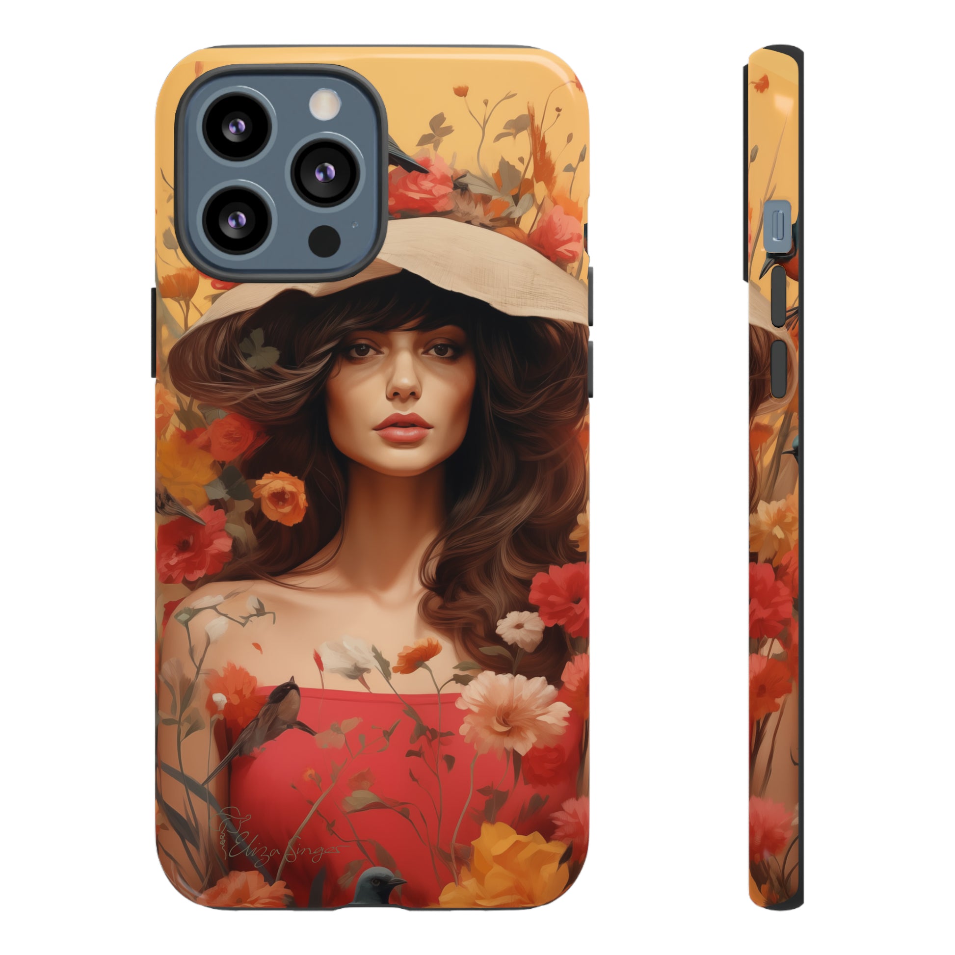 Bask in Sunshine: Embrace the warmth with our Tough Cell Phone Case. A yellow backdrop and a woman in a hat surrounded by flowers create a radiant design. Experience the perfect blend of style and protection, bringing sunshine into your everyday. Elevate your phone with a burst of brightness. #ElizaSinger #PhoneCase #SunshineRadiance