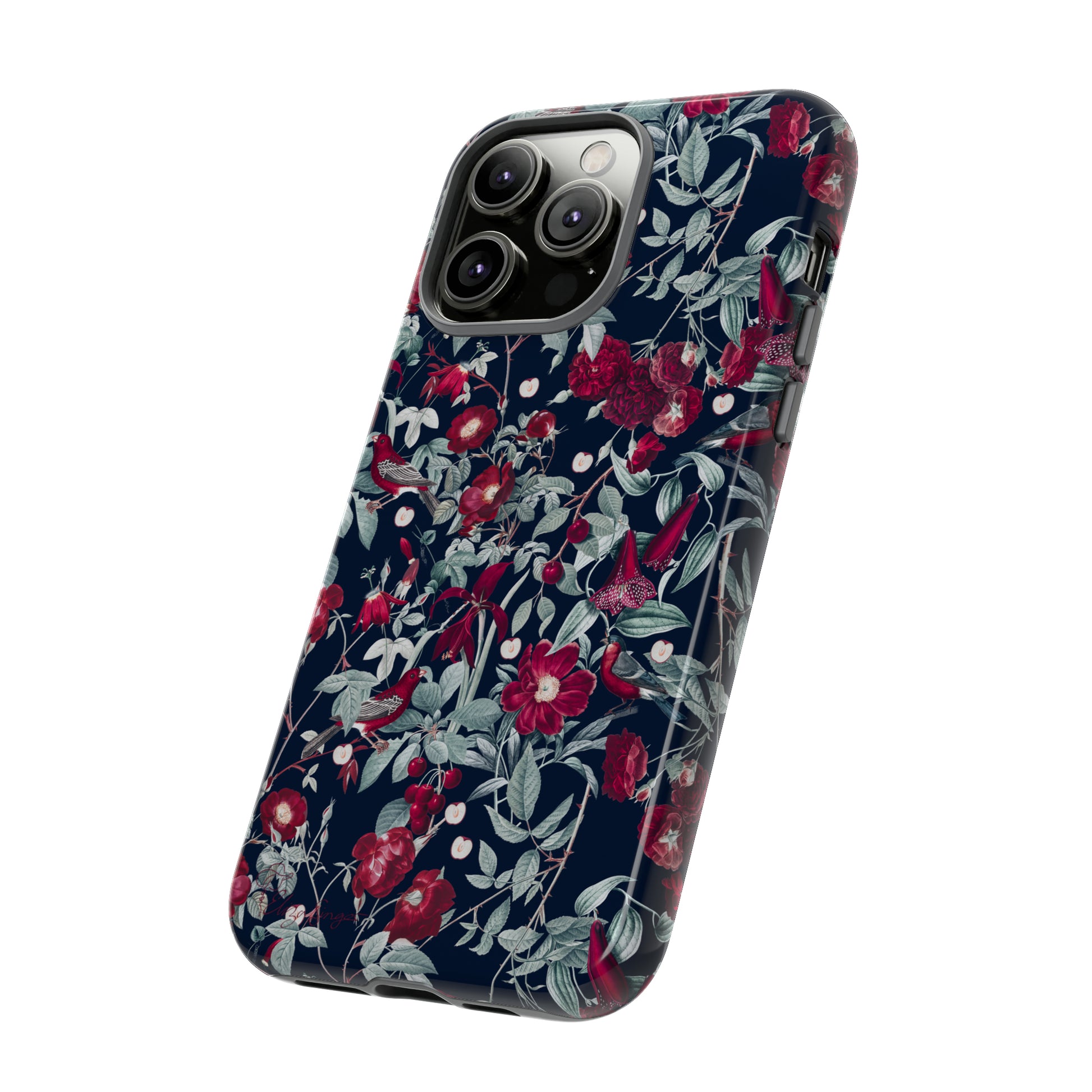 Blossom Serenade: Cherry Blossom Serenade Burgundy Navy Dark iPhone Tough Protective Cover. A captivating blend of Flowers in burgundy and navy hues, featuring a muted design. Compatible with iPhone 15, 14, 13, XS, XR Pro/Max/Mini/P/Plus. Elevate your device with this enchanting and stylish protective cover. #ElizaSinger #PhoneCase #FloralDesign