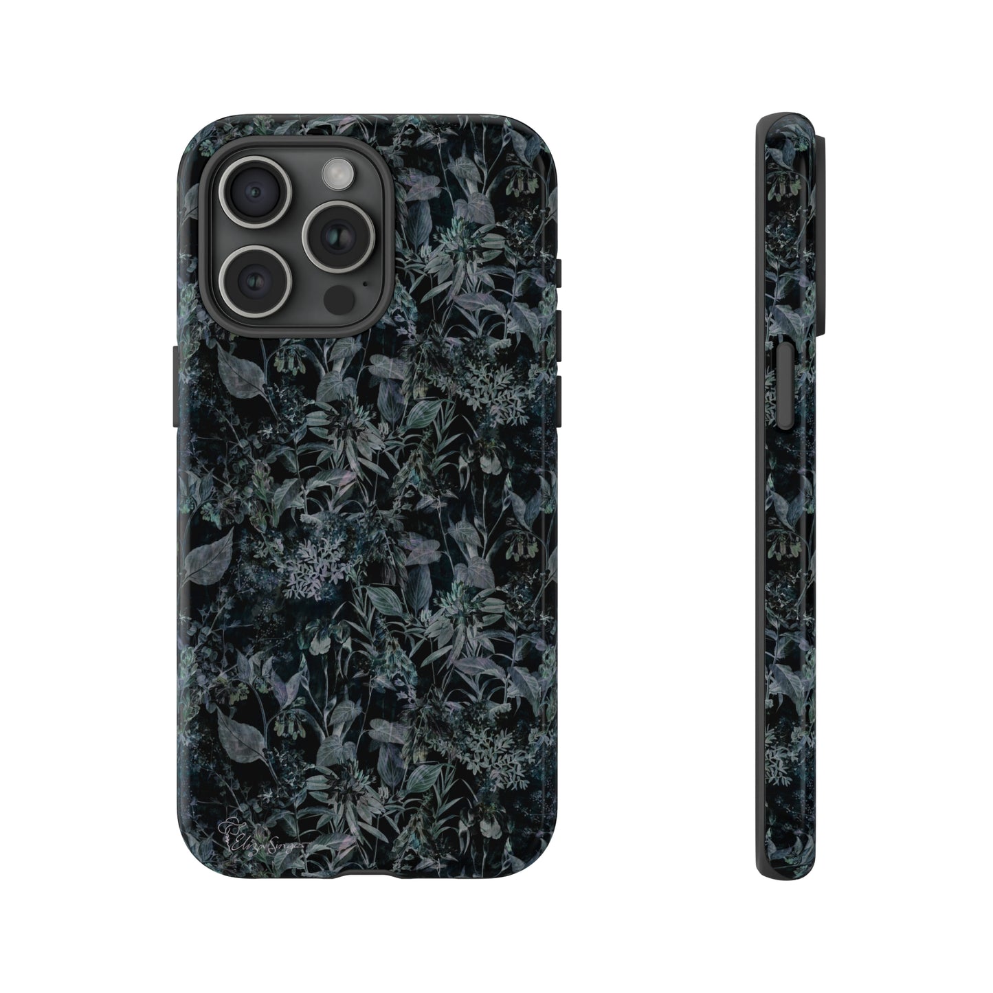 Blossom in Style: Botany Floral Dark Flowers Blue Denim iPhone Tough Protective Cover. This case features a Flower and Muted Grey Design, compatible with iPhone 15, 14, 13, XS, XR Pro/Max/Mini/P/Plus. Unleash Nature's Beauty with Style and Durability. #ElizaSinger #PhoneCase #FloralDesign