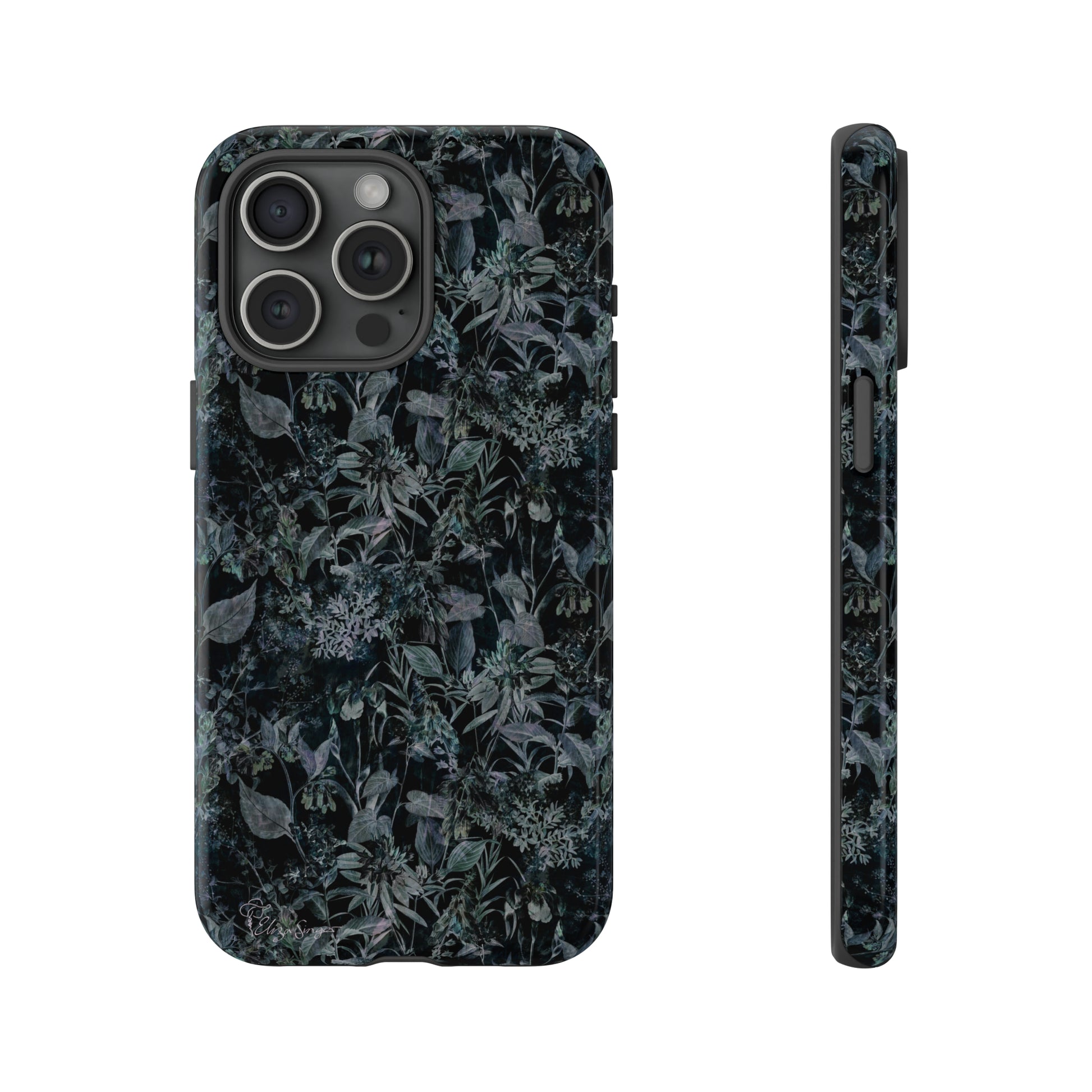 Blossom in Style: Botany Floral Dark Flowers Blue Denim iPhone Tough Protective Cover. This case features a Flower and Muted Grey Design, compatible with iPhone 15, 14, 13, XS, XR Pro/Max/Mini/P/Plus. Unleash Nature's Beauty with Style and Durability. #ElizaSinger #PhoneCase #FloralDesign