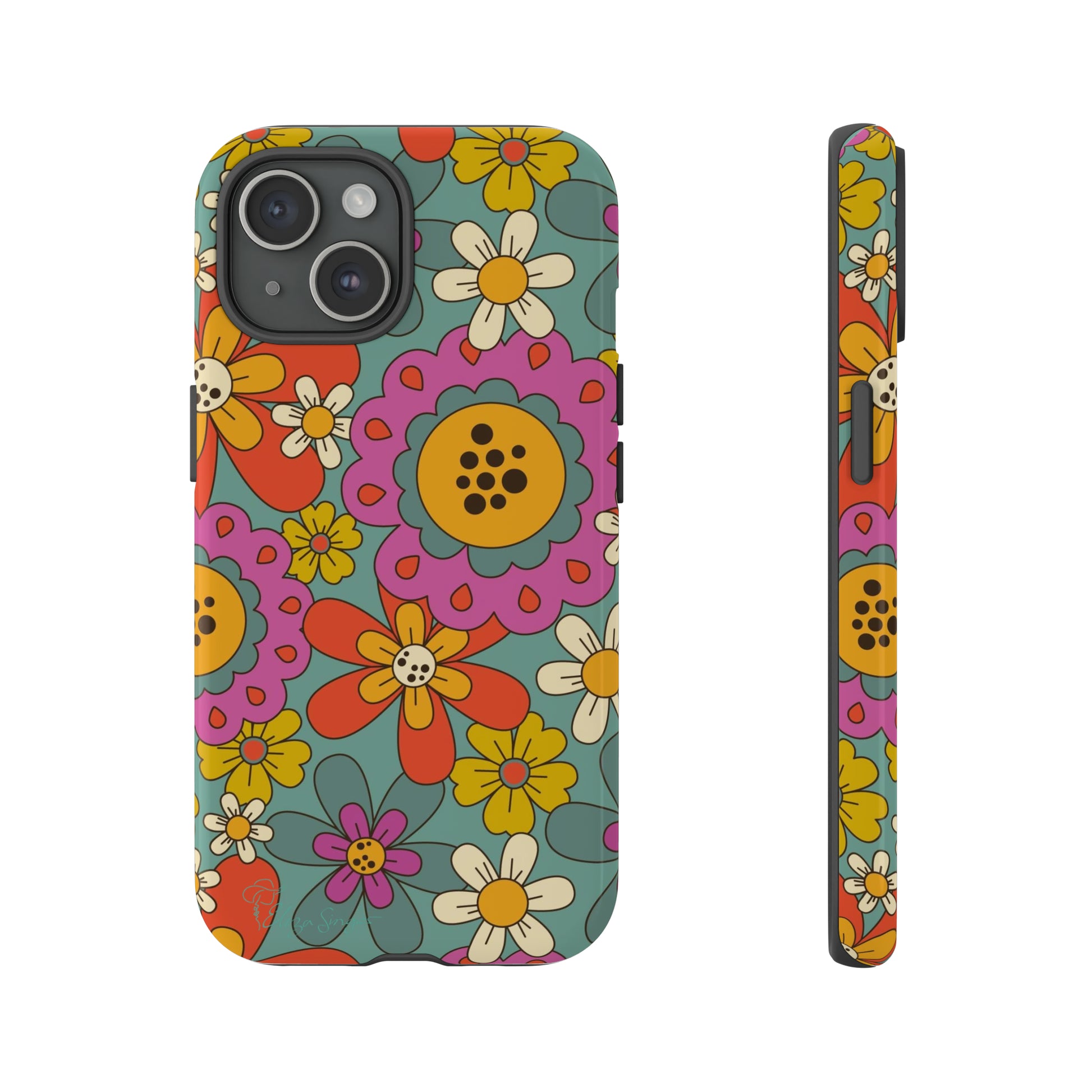 Step into the Groove: Groovy Hippie Hippy Design iPhone Tough Protective Cover. A nod to the 60's with Daisy Design in Turquoise and Pink. Compatible with iPhone 15, 14, 13, XS, XR Pro/Max/Mini/P/Plus. Embrace Retro Vibes with Style and Durability. #ElizaSinger #PhoneCase #GroovyDesign 