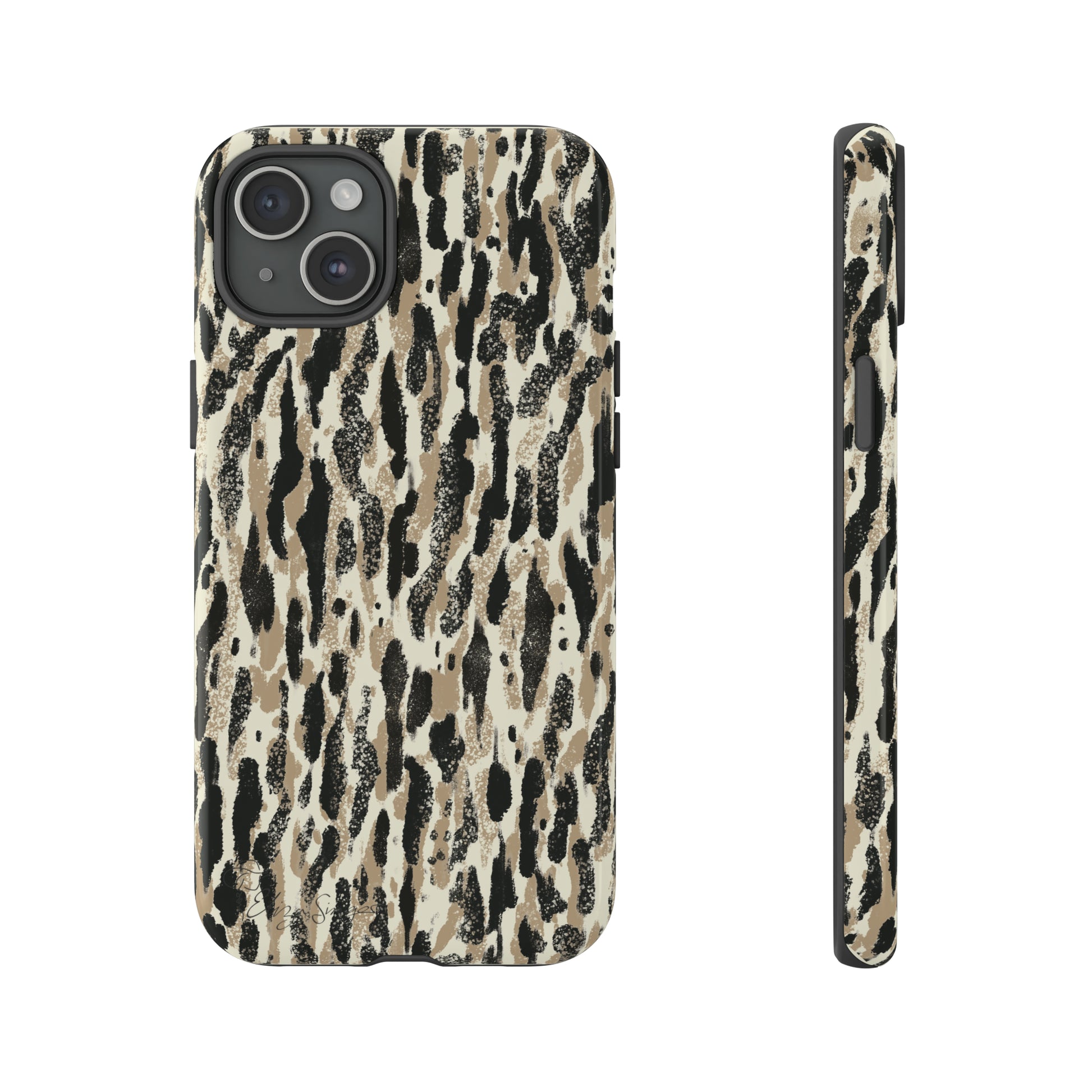 Elevate Your Tech: Abstract Neutral Animal Print iPhone Tough Protective Cover. Leopard-Painted Design in Beige and Black. Compatible with iPhone 15, 14, 13, XS, XR Pro/Max/Mini/P/Plus. Unleash the Wild with Style and Durability. #ElizaSinger #PhoneCase #LeopardPrint 
