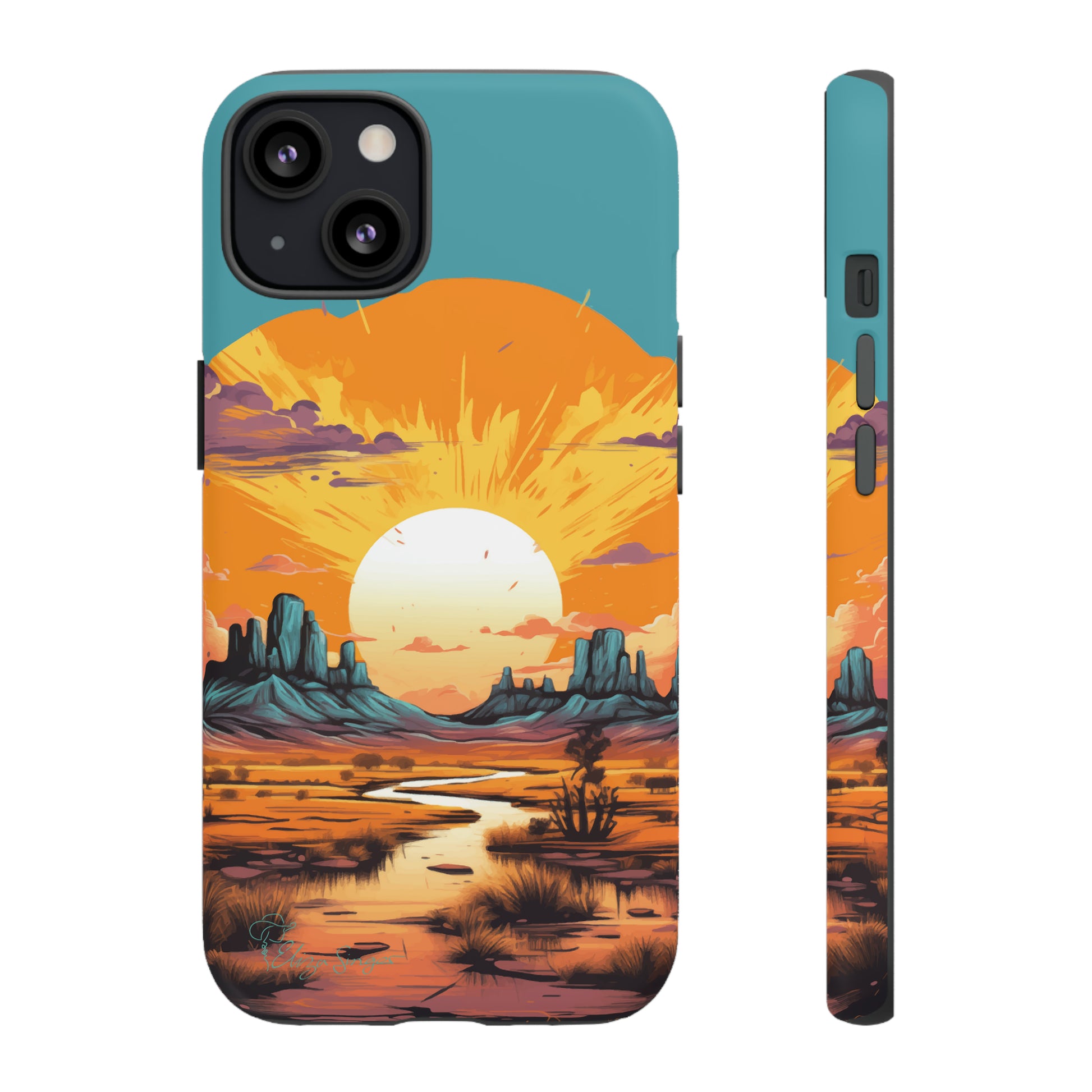 Introducing our Tough Western Cell Phone Case: Turquoise Twilight Oasis Edition! This captivating design showcases a serene landscape with a turquoise background and a mesmerizing setting sun. Enjoy the perfect blend of rugged protection and artistic flair.
