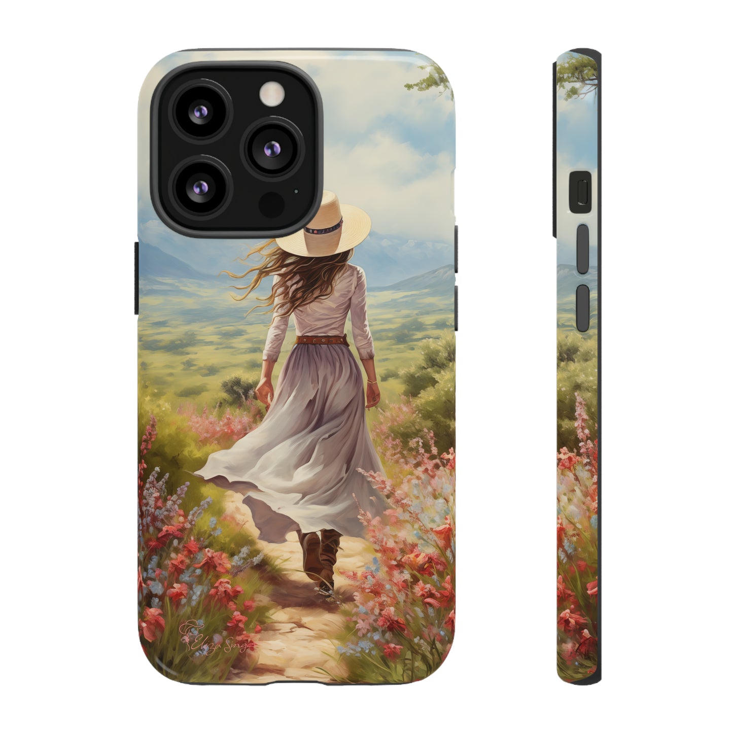 Step into a world of whimsy with our Tough Western Cell Phone Case showcasing a woman in a skirt and hat walking down a small path through a vast field. Delight in the beauty of flowers lining the path while ensuring your phone stays protected with this enchanting edition.