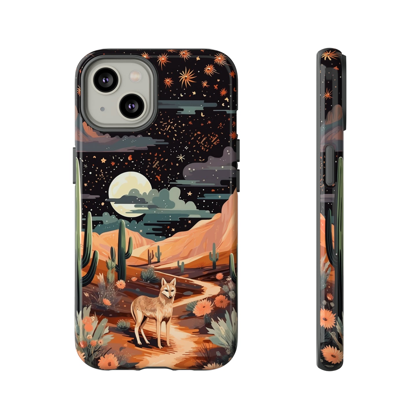 Unveiling our Tough Western Cell Phone Case: Stellar Desert Jackal Edition! Embrace the beauty of the night with a jackal in a desert landscape, under a starry sky, surrounded by cacti. This case provides rugged protection with a touch of celestial elegance.