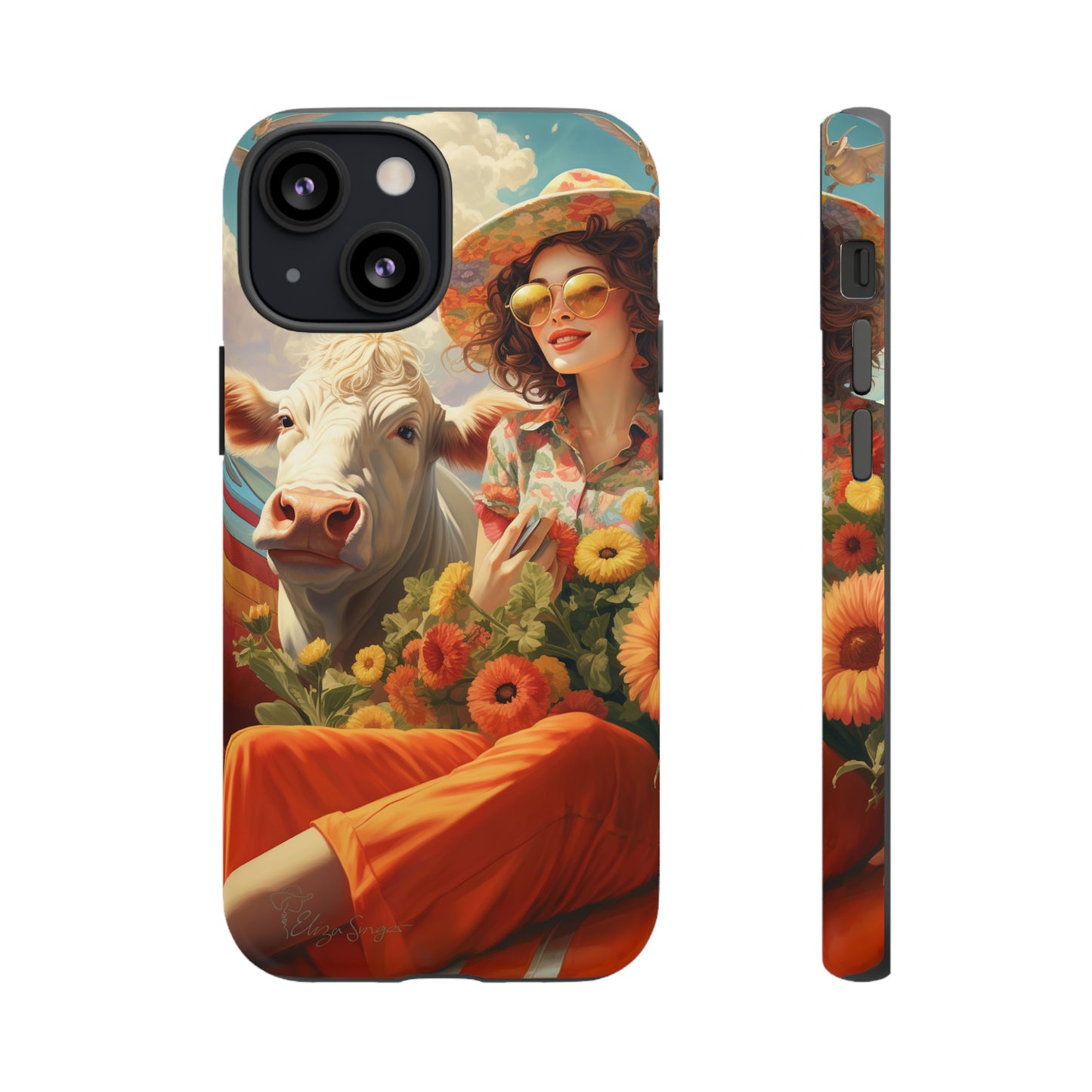 Timeless Retro Charm: Step back in time with our Tough Western Cell Phone Case. Featuring a vintage and bright design, a woman in a hat with daisies is accompanied by a cow looking over her shoulder. Experience the perfect blend of retro aesthetics and durability. Elevate your style with a touch of nostalgia. #ElizaSinger #PhoneCase #RetroStyle 