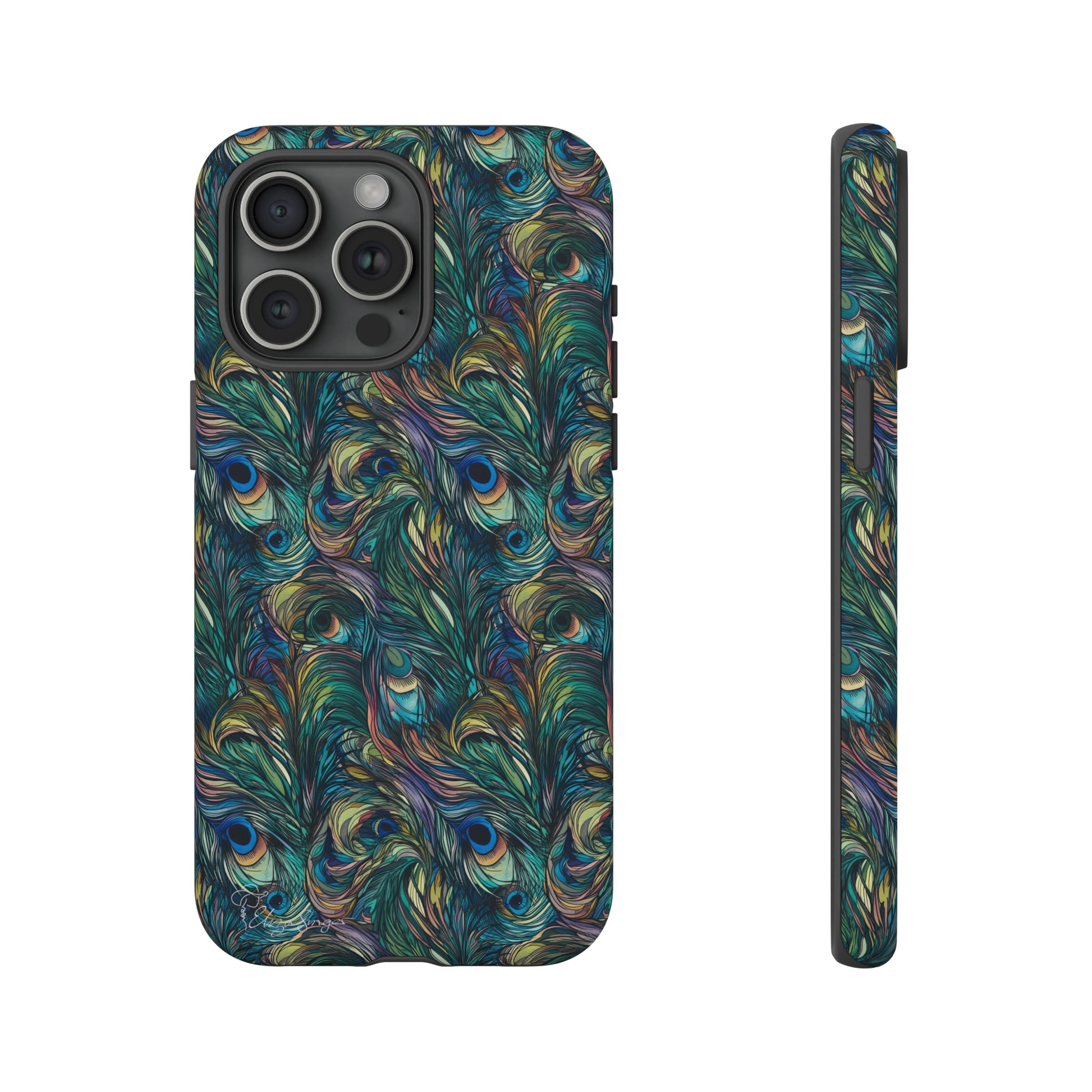 Feathered Elegance: Boho Feather Peacock Vibrant Art iPhone Tough Protective Cover. Adorned with Turquoise Feathers, compatible with iPhone 15, 14, 13, XS, XR Pro/Max/Mini/P/Plus. Embrace Bohemian Vibes with Style and Durability. #ElizaSinger #PhoneCase #BohoFeathers