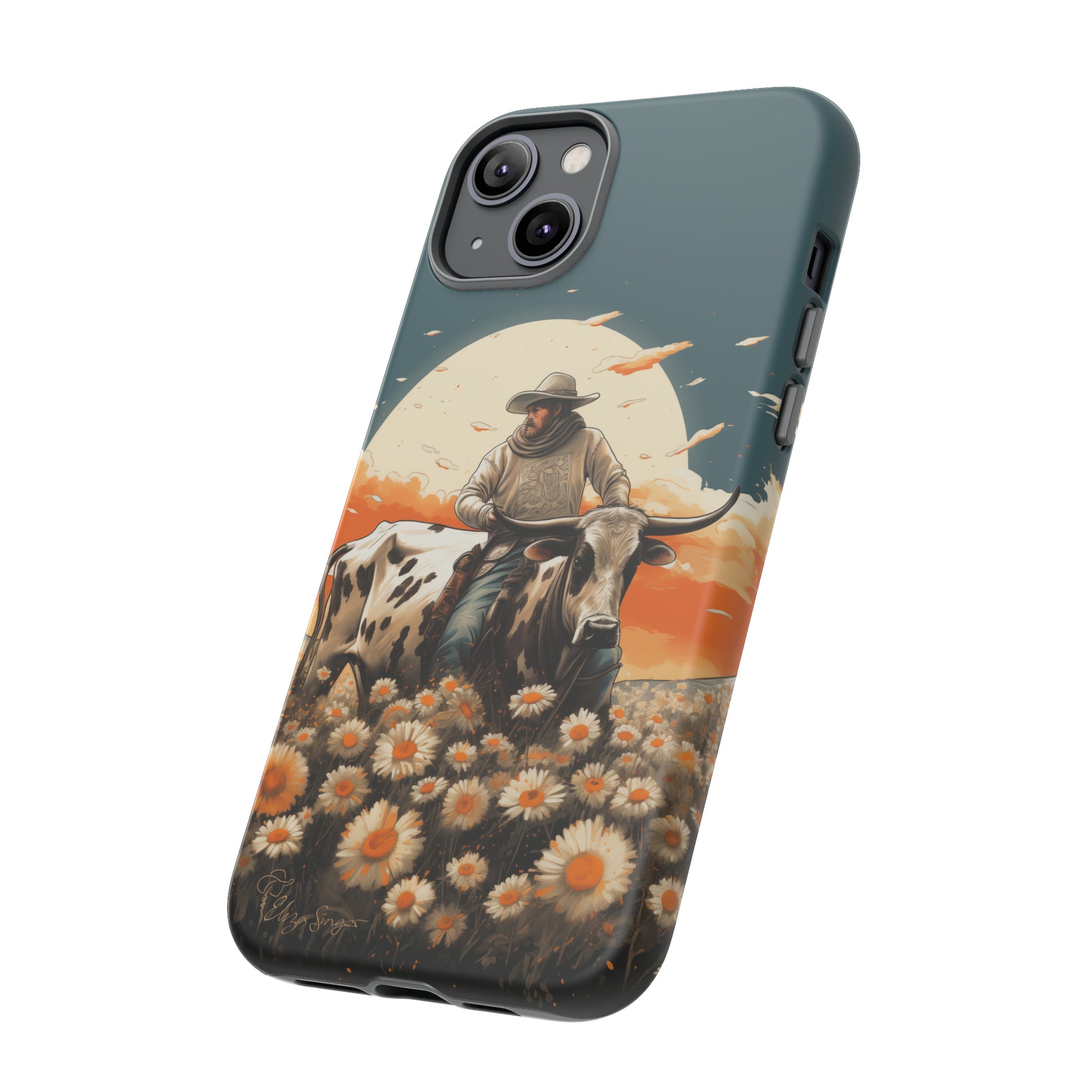 Harmony of Contrasts: Dive into our Tough Cell Phone Case, a visual symphony featuring a bullrider on a black and white dairy cow amidst a vibrant field of flowers. This edition effortlessly merges toughness with artistic flair, offering a unique and captivating contrast. Elevate your phone with rugged elegance. #ElizaSinger #PhoneCase #ContrastHarmony