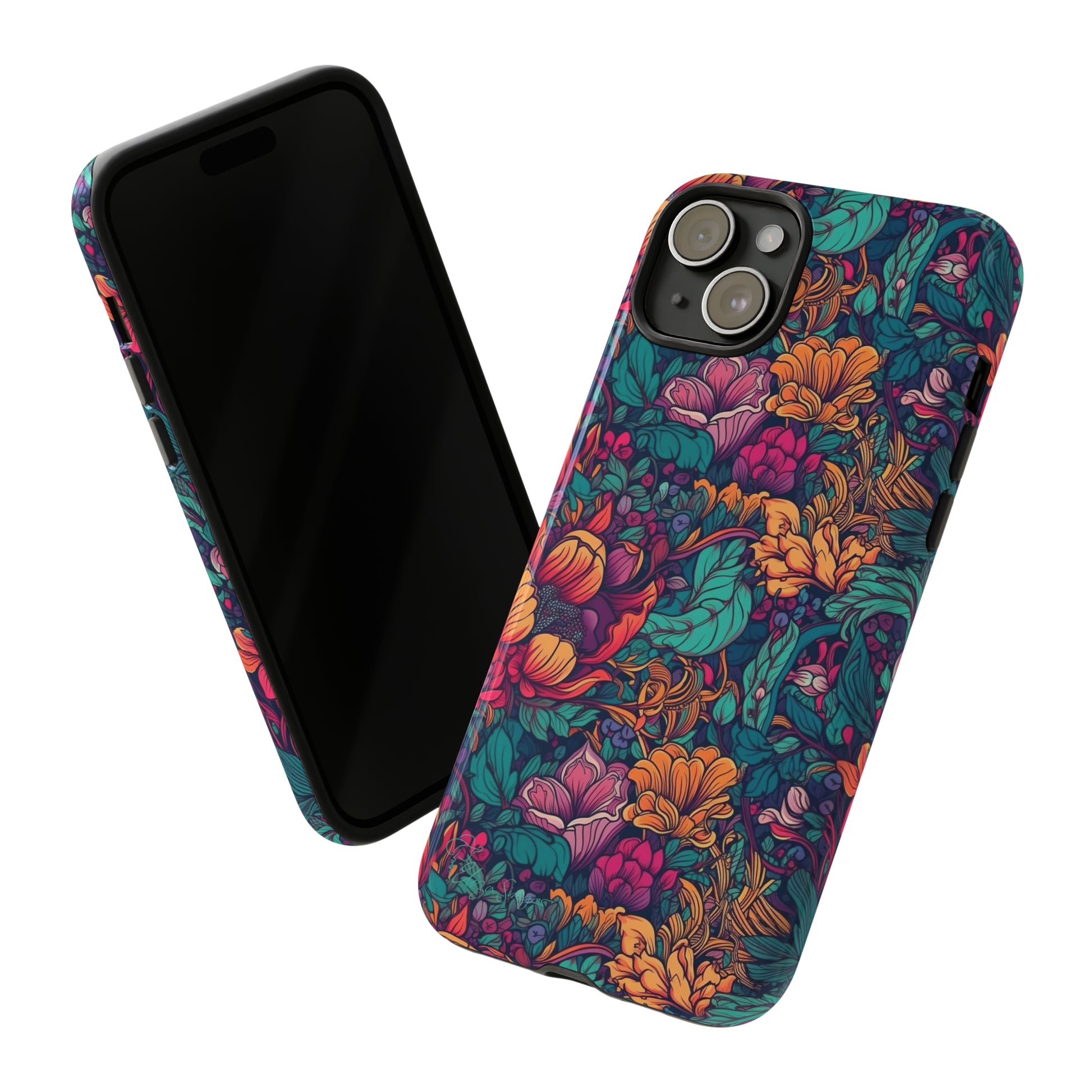 Vibrant Boho Blossoms: iPhone Tough Protective Cover. Featuring a bright abstract floral design, this case adds a touch of Bohemian flair. Compatible with iPhone 15, 14, 13, XS, XR Pro/Max/Mini/P/Plus. Embrace Boho Chic with Style and Durability. #ElizaSinger #PhoneCase #FloralDesign
