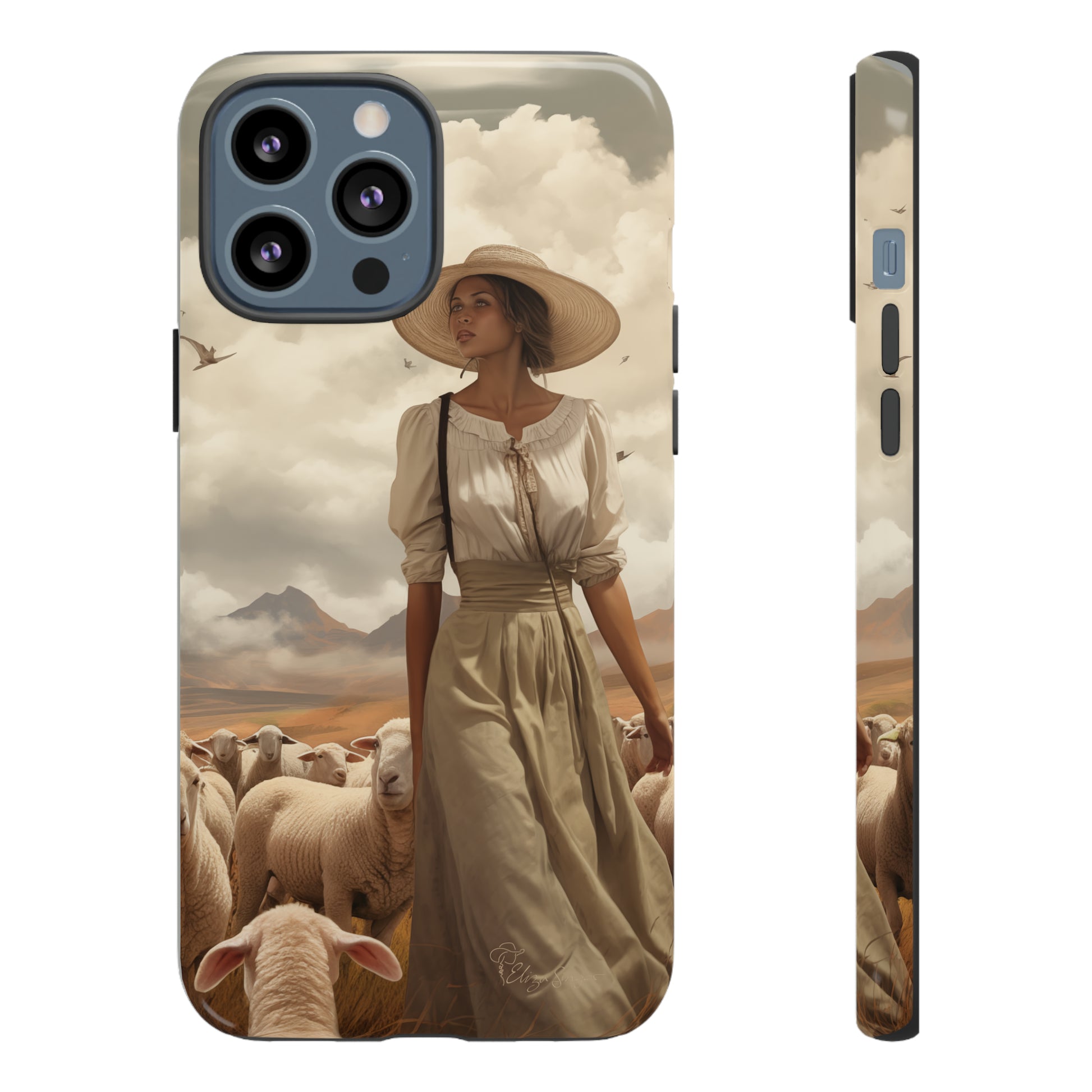 Immerse yourself in a dreamy landscape with our Tough Western Cell Phone Case showcasing a vintage painted design of a woman wearing a hat, walking through a prairie landscape with sheep behind her. Experience the magic of the past with this edition.
