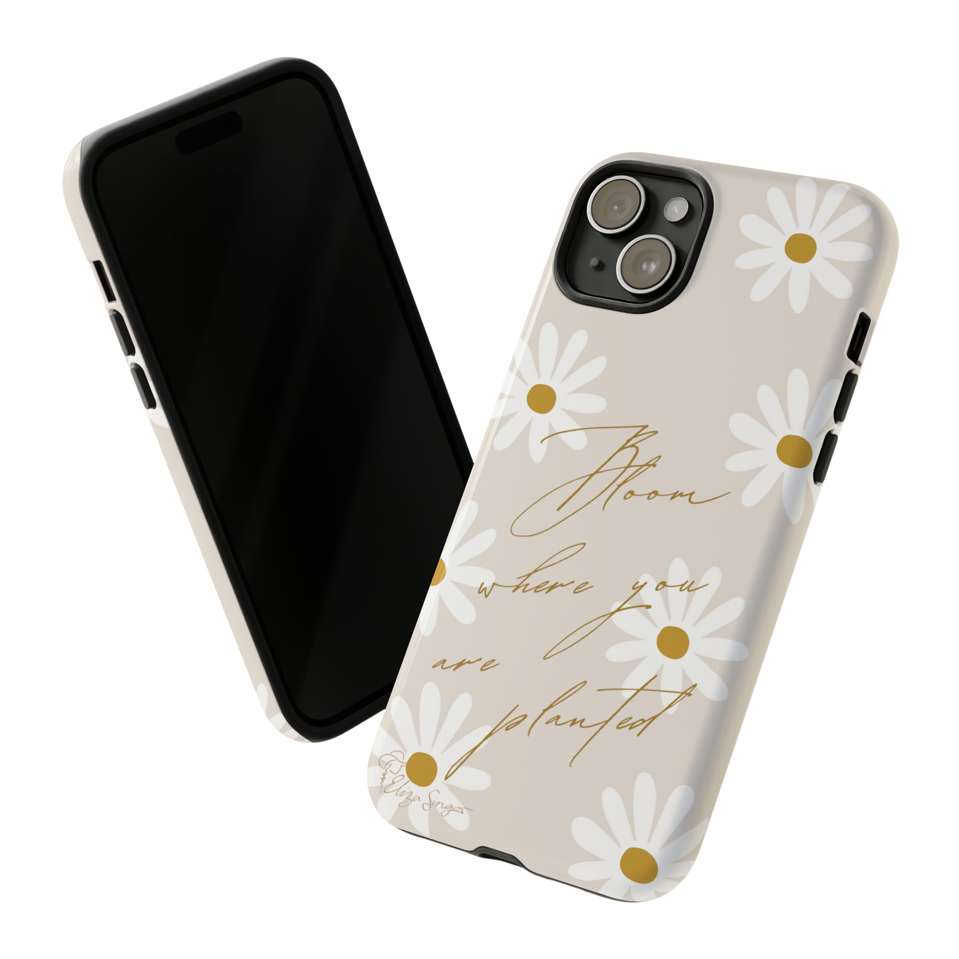 Sunny Boho Blooms: Boho Flower Daisy iPhone Tough Protective Case. A lively fusion of Flowers, Boho, and floral daisies design. Compatible with iPhone 15, 14, 13, XS, XR Pro/Max/Mini/P/Plus. Elevate Your Device with Bohemian Charm and Durability. #ElizaSinger #PhoneCase #FloralDesign