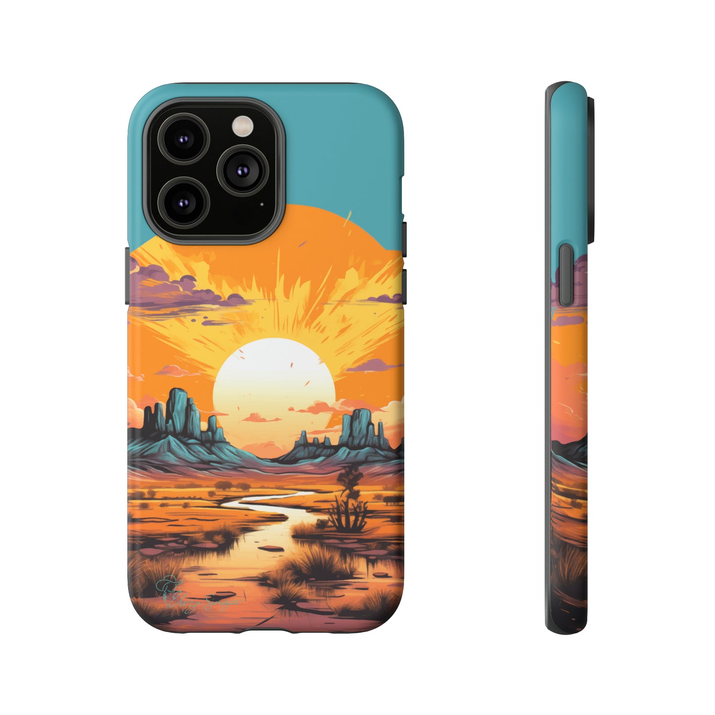 Introducing our Tough Western Cell Phone Case: Turquoise Twilight Oasis Edition! This captivating design showcases a serene landscape with a turquoise background and a mesmerizing setting sun. Enjoy the perfect blend of rugged protection and artistic flair.