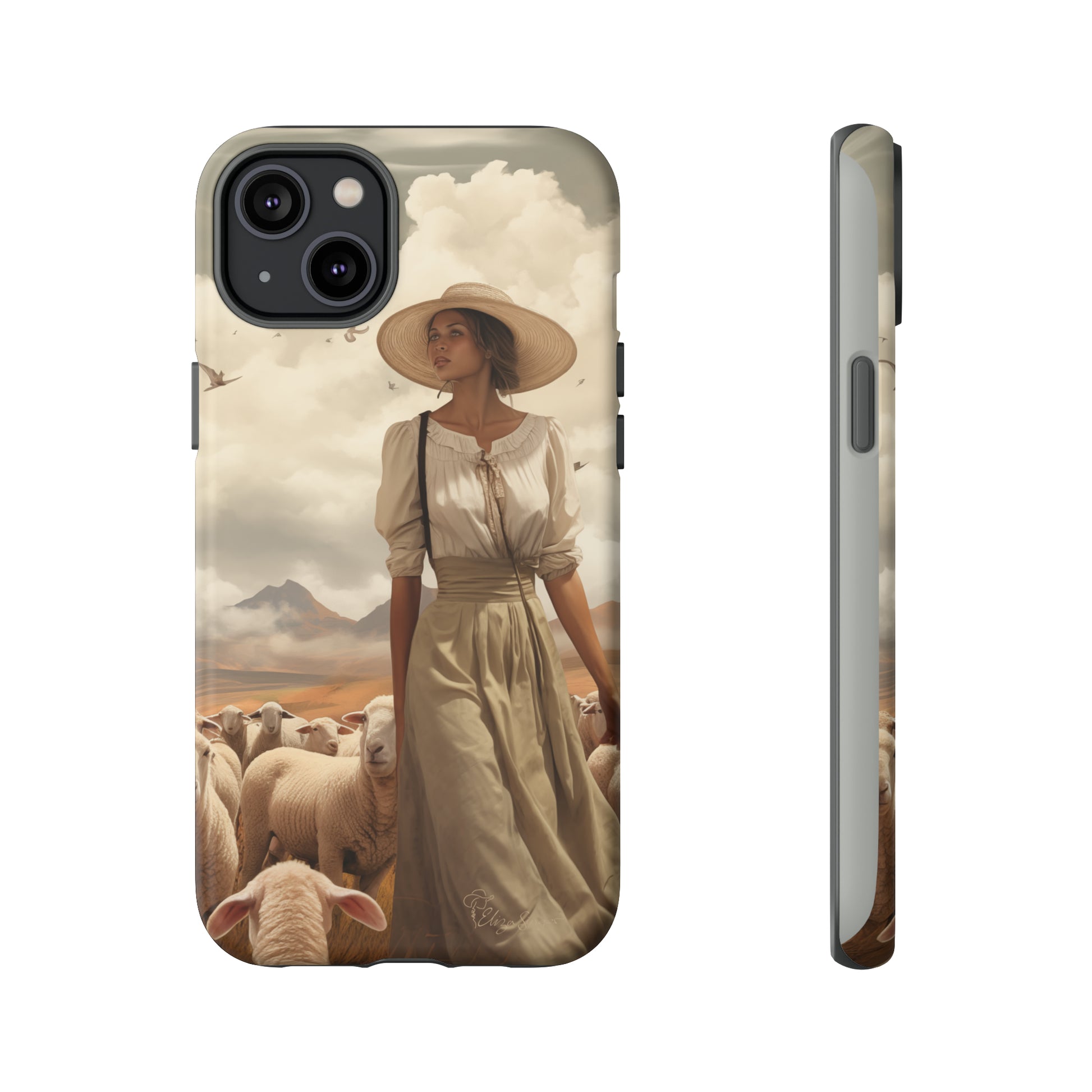 Immerse yourself in a dreamy landscape with our Tough Western Cell Phone Case showcasing a vintage painted design of a woman wearing a hat, walking through a prairie landscape with sheep behind her. Experience the magic of the past with this edition.