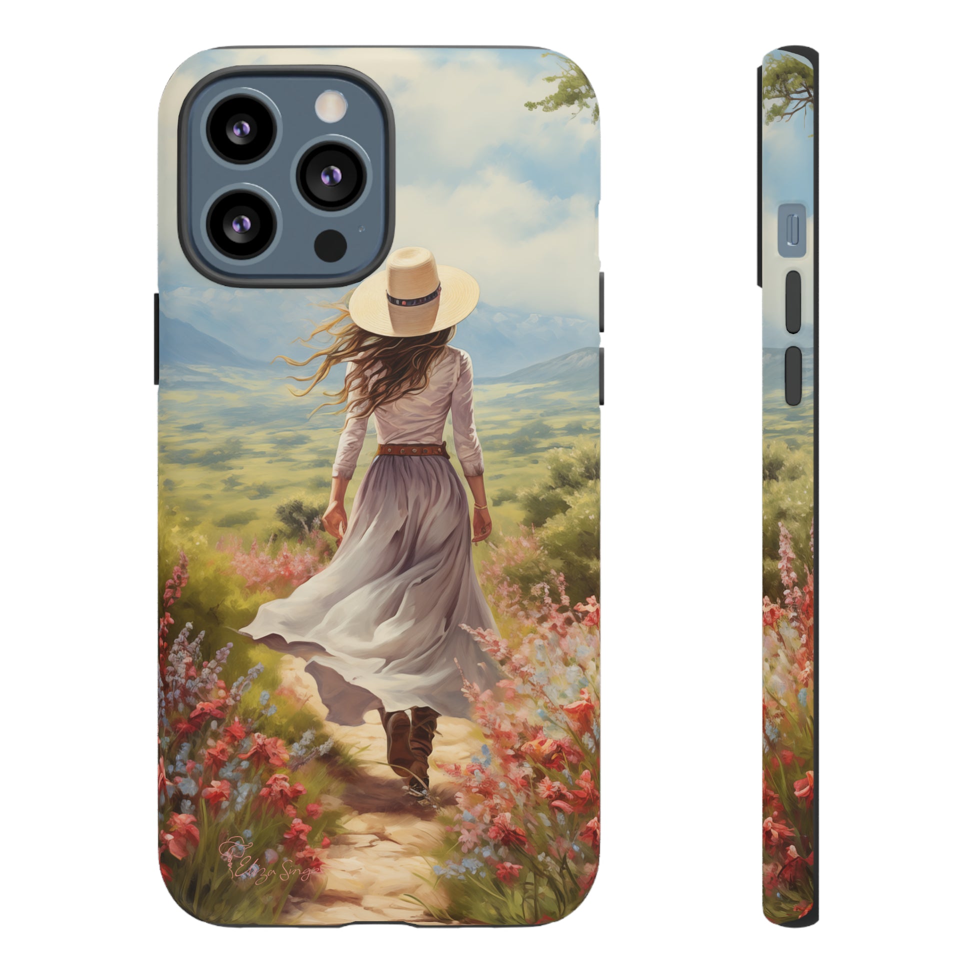 Step into a world of whimsy with our Tough Western Cell Phone Case showcasing a woman in a skirt and hat walking down a small path through a vast field. Delight in the beauty of flowers lining the path while ensuring your phone stays protected with this enchanting edition.