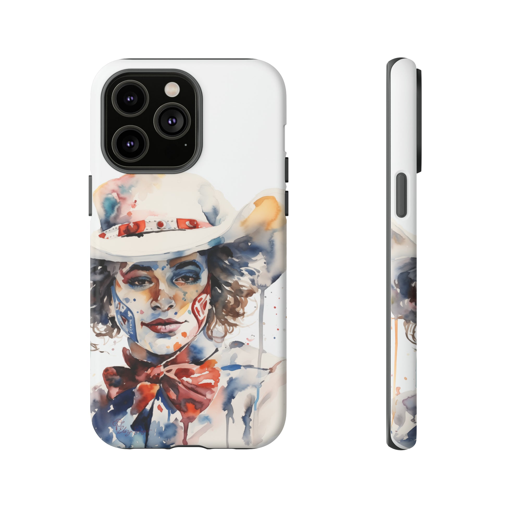 Presenting our Tough Western Cell Phone Case: Rodeo Clown Watercolor Gal Edition! This one-of-a-kind design showcases a vibrant watercolor portrayal of a woman as a rodeo clown on a white background. Enjoy the fusion of artistry and robust phone protection.