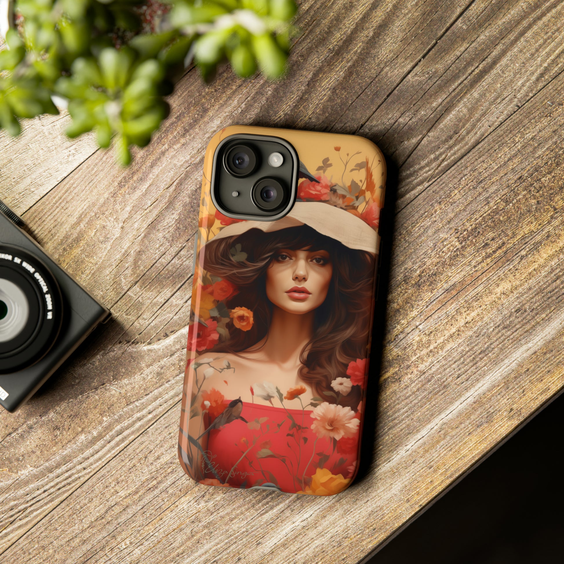 Bask in Sunshine: Embrace the warmth with our Tough Cell Phone Case. A yellow backdrop and a woman in a hat surrounded by flowers create a radiant design. Experience the perfect blend of style and protection, bringing sunshine into your everyday. Elevate your phone with a burst of brightness. #ElizaSinger #PhoneCase #SunshineRadiance