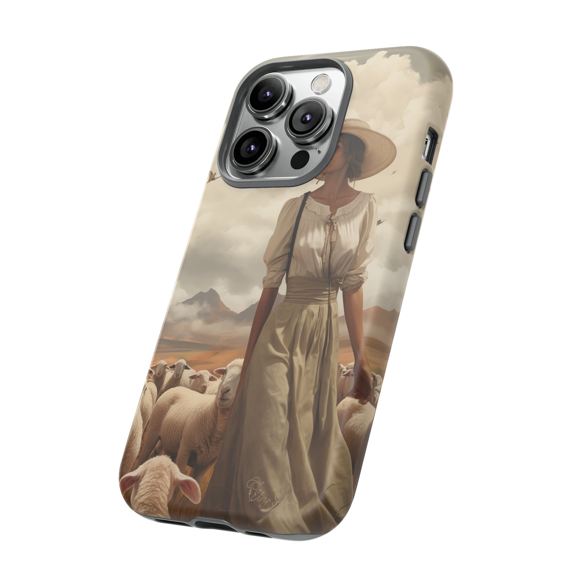 Immerse yourself in a dreamy landscape with our Tough Western Cell Phone Case showcasing a vintage painted design of a woman wearing a hat, walking through a prairie landscape with sheep behind her. Experience the magic of the past with this edition.