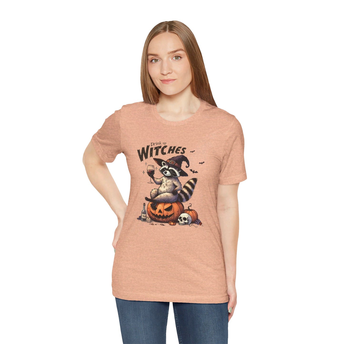 Drink Up Witches: Halloween Bella Canvas T-shirt with Raccoon