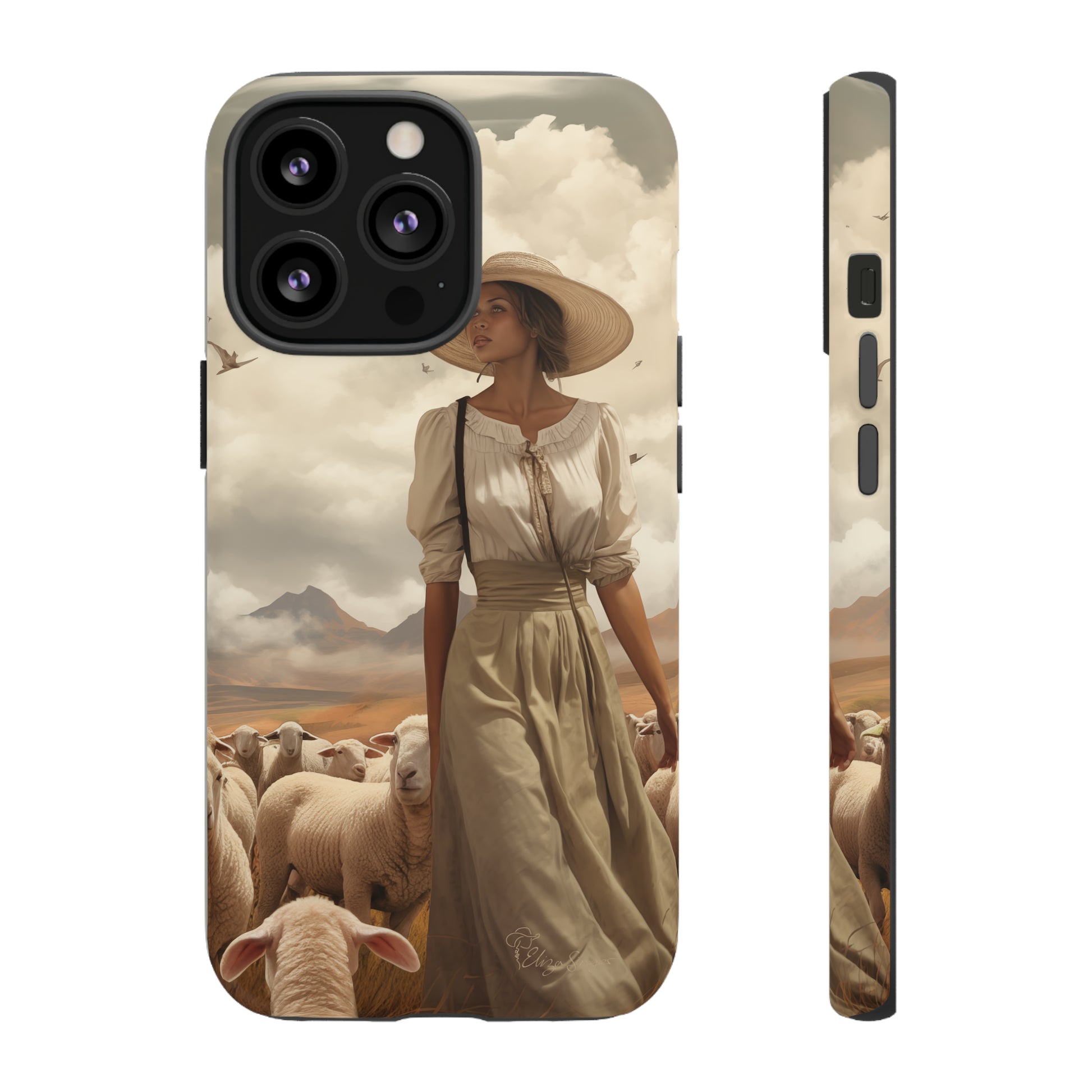 Immerse yourself in a dreamy landscape with our Tough Western Cell Phone Case showcasing a vintage painted design of a woman wearing a hat, walking through a prairie landscape with sheep behind her. Experience the magic of the past with this edition.