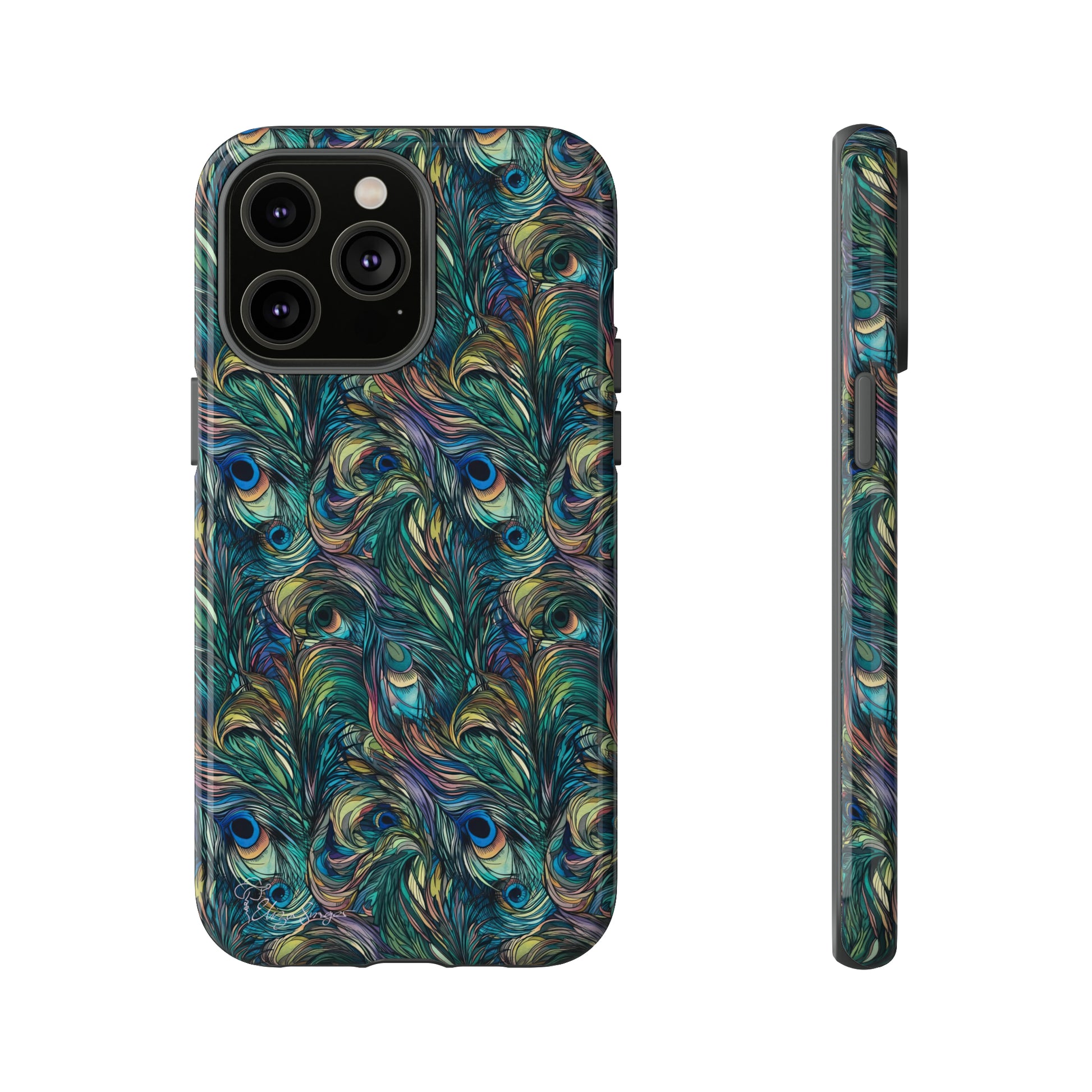 Feathered Elegance: Boho Feather Peacock Vibrant Art iPhone Tough Protective Cover. Adorned with Turquoise Feathers, compatible with iPhone 15, 14, 13, XS, XR Pro/Max/Mini/P/Plus. Embrace Bohemian Vibes with Style and Durability. #ElizaSinger #PhoneCase #BohoFeathers