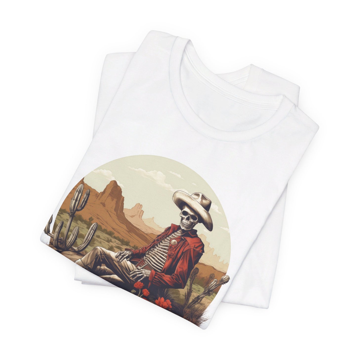 Skeleton Cowboy in Desert: Red Blazer Bella Canvas T-shirt