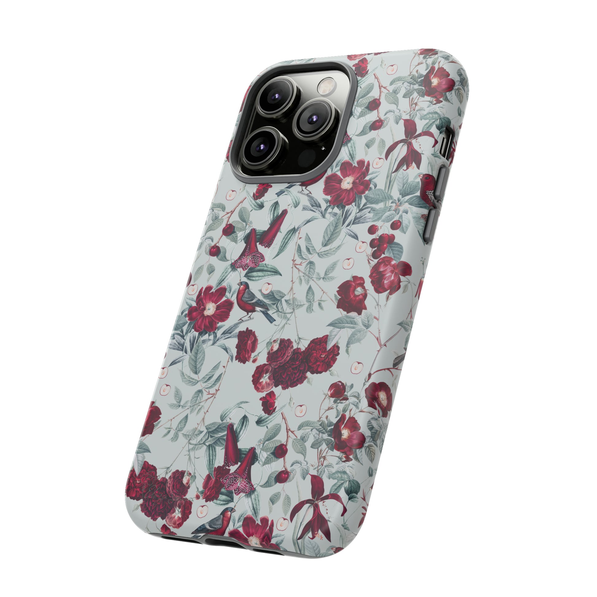 Cherry Blossom Serenade: Cherish nature's beauty with 'Cherry Blossom Serenade.' This iPhone case features flowers and burgundy birds on a blue background, creating a captivating floral wildlife bird and flower design. Elevate your device with this enchanting and stylish protective cover. #ElizaSinger #PhoneCase #FloralDesign
