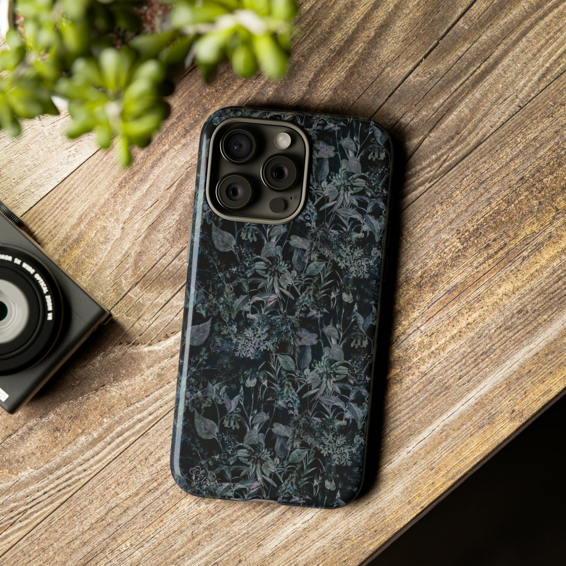 Blossom in Style: Botany Floral Dark Flowers Blue Denim iPhone Tough Protective Cover. This case features a Flower and Muted Grey Design, compatible with iPhone 15, 14, 13, XS, XR Pro/Max/Mini/P/Plus. Unleash Nature's Beauty with Style and Durability. #ElizaSinger #PhoneCase #FloralDesign