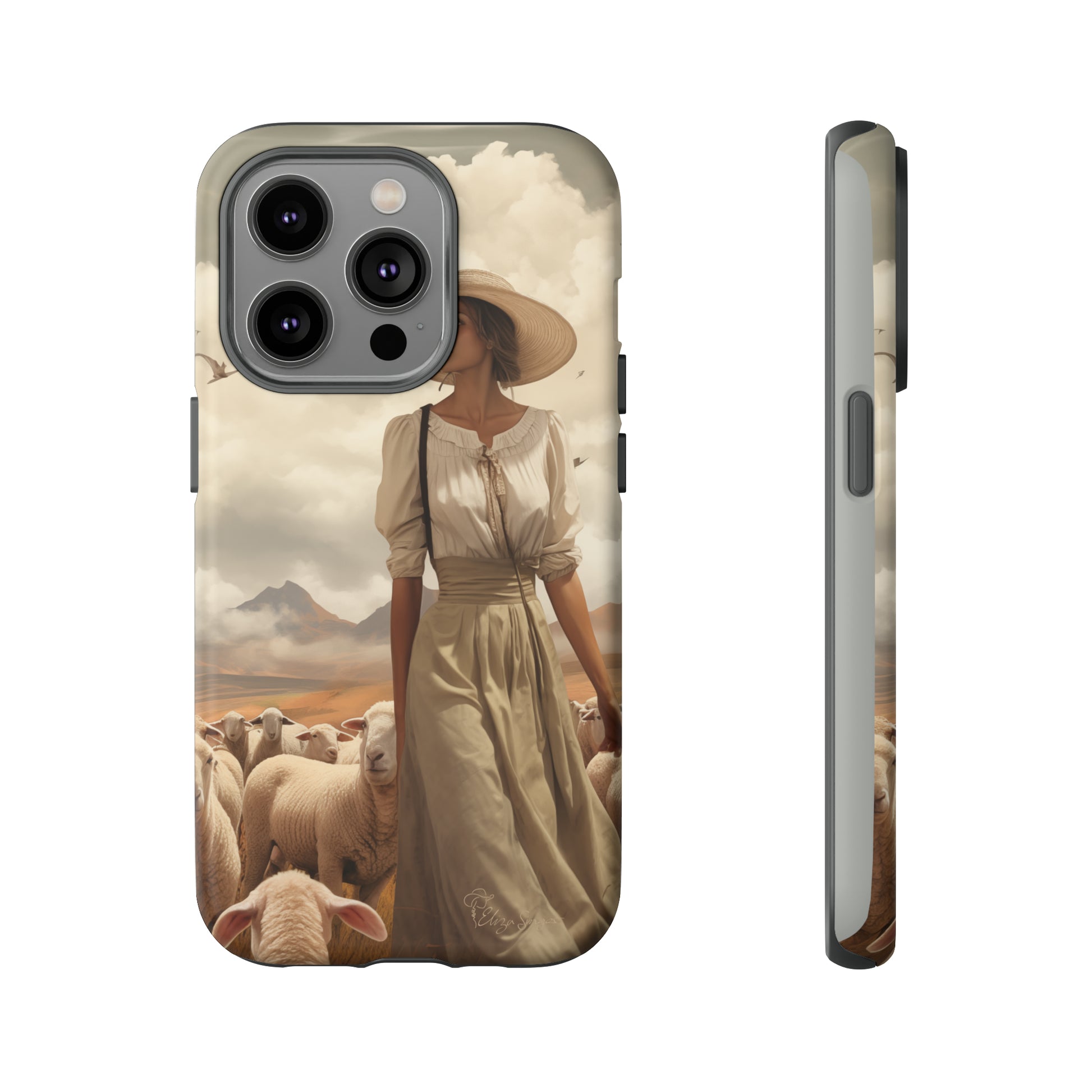 Immerse yourself in a dreamy landscape with our Tough Western Cell Phone Case showcasing a vintage painted design of a woman wearing a hat, walking through a prairie landscape with sheep behind her. Experience the magic of the past with this edition.