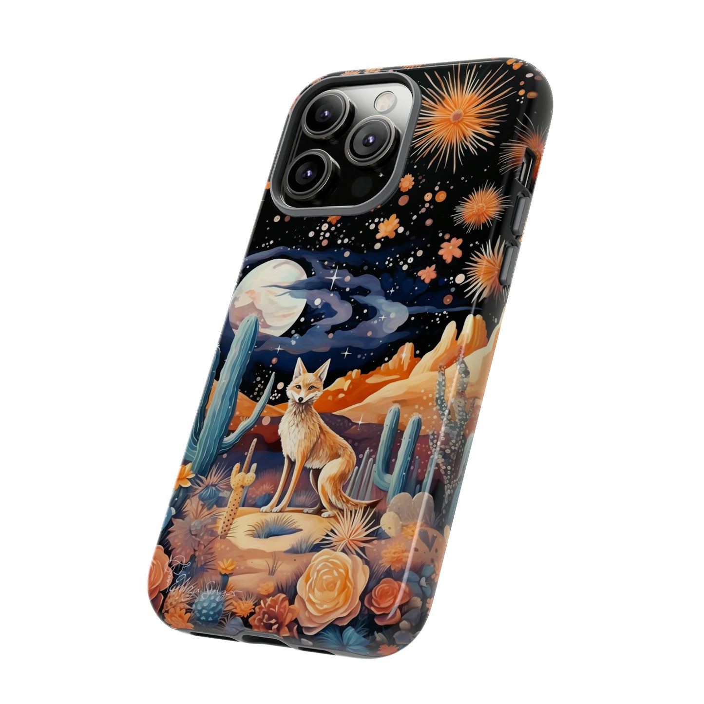 Introducing our Tough Western Cell Phone Case: Midnight Mirage Jackal Edition! Dive into the mysterious desert night with a striking depiction of a jackal, cacti, and a starry sky. This design offers the ideal combination of durability and desert charm.