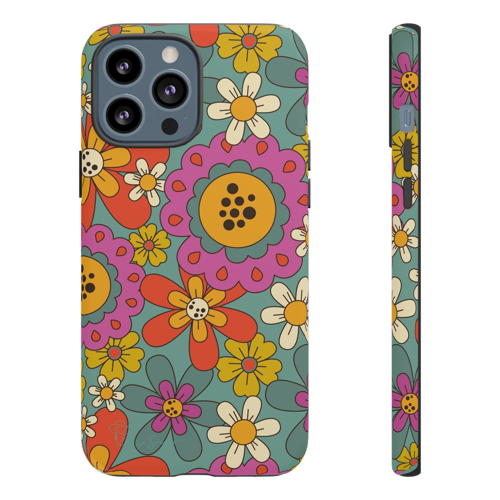 Step into the Groove: Groovy Hippie Hippy Design iPhone Tough Protective Cover. A nod to the 60's with Daisy Design in Turquoise and Pink. Compatible with iPhone 15, 14, 13, XS, XR Pro/Max/Mini/P/Plus. Embrace Retro Vibes with Style and Durability. #ElizaSinger #PhoneCase #GroovyDesign 