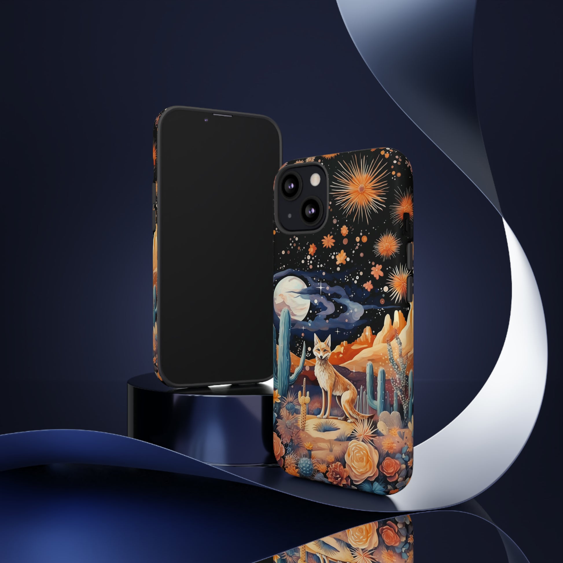 Introducing our Tough Western Cell Phone Case: Midnight Mirage Jackal Edition! Dive into the mysterious desert night with a striking depiction of a jackal, cacti, and a starry sky. This design offers the ideal combination of durability and desert charm.