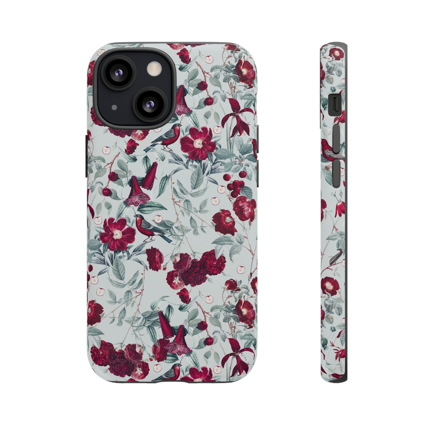 Cherry Blossom Serenade: Cherish nature's beauty with 'Cherry Blossom Serenade.' This iPhone case features flowers and burgundy birds on a blue background, creating a captivating floral wildlife bird and flower design. Elevate your device with this enchanting and stylish protective cover. #ElizaSinger #PhoneCase #FloralDesign